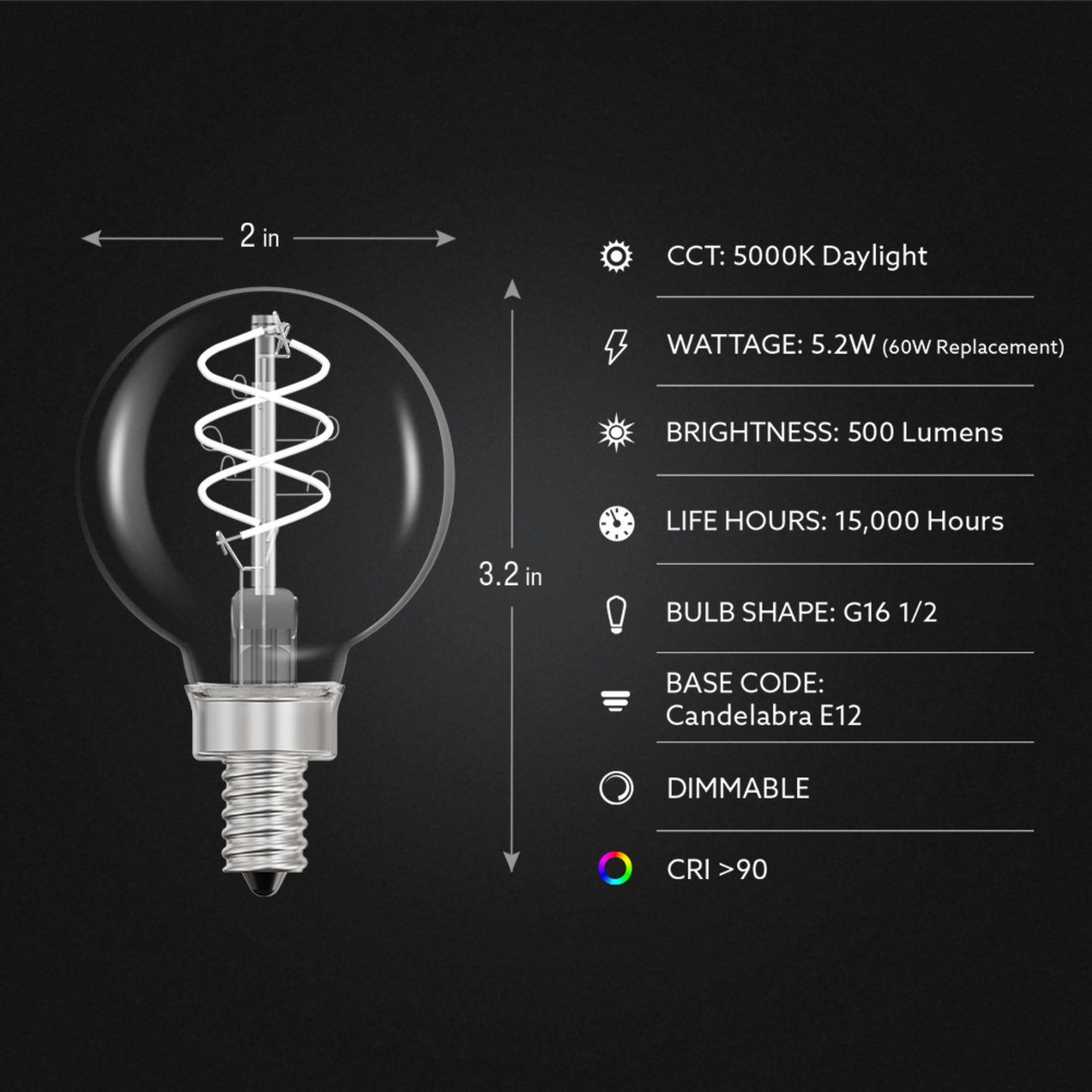 5.2W (60W Equivalent) Daylight (5000K) G16 1/2 Globe Shape (E12 Base) Spiral Designer White Filament LED Bulb (2-Pack)