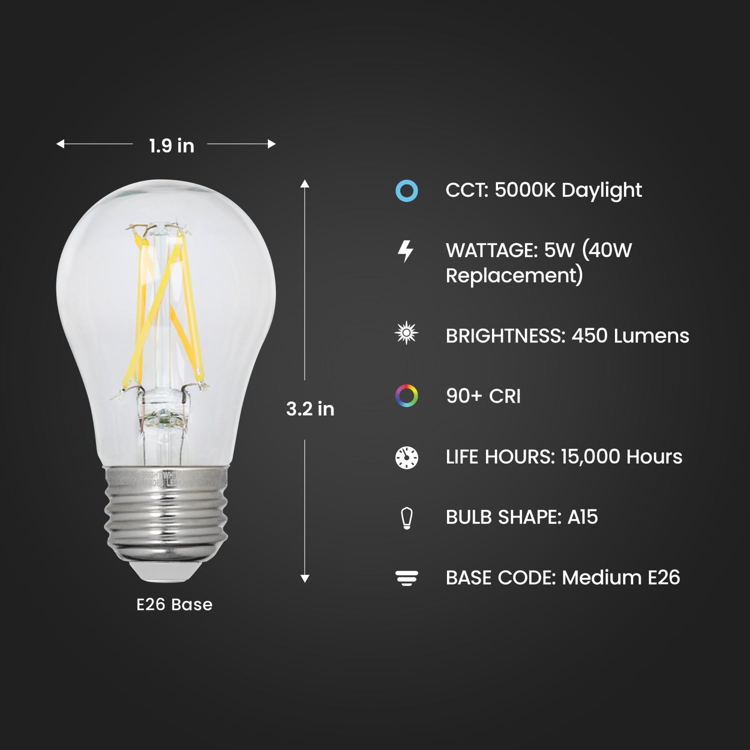 5W (40Watt Replacement) Daylight (5000K) A15 Dimmable Glass Filament Enhance (2-Pack)