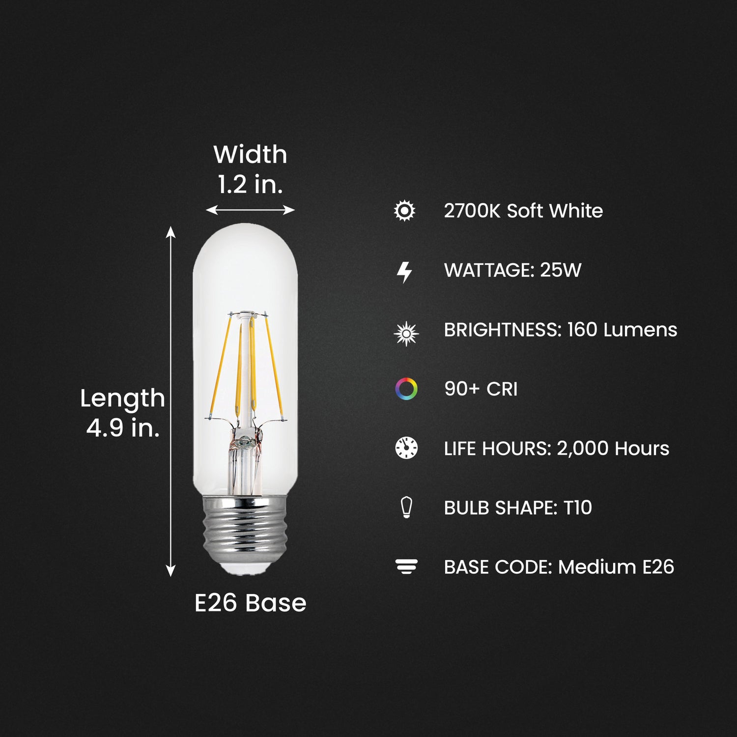 4.5W (40W Replacement) Soft White (2700K) T10 Dimmable Enhance Glass Filament LED