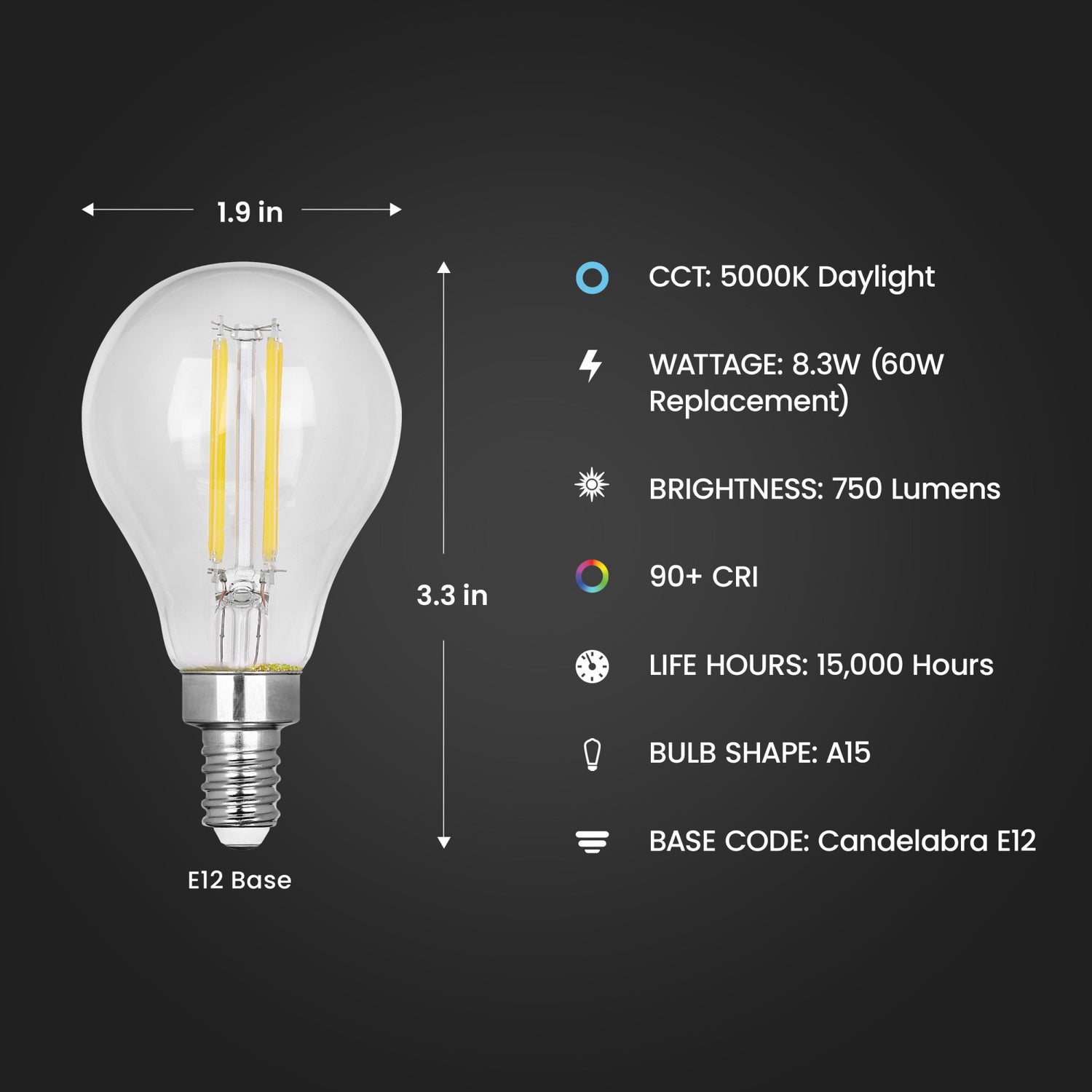 8.3W (60W Replacement) Daylight (5000K) E12 Base A15 Filament LED (2-Pack)