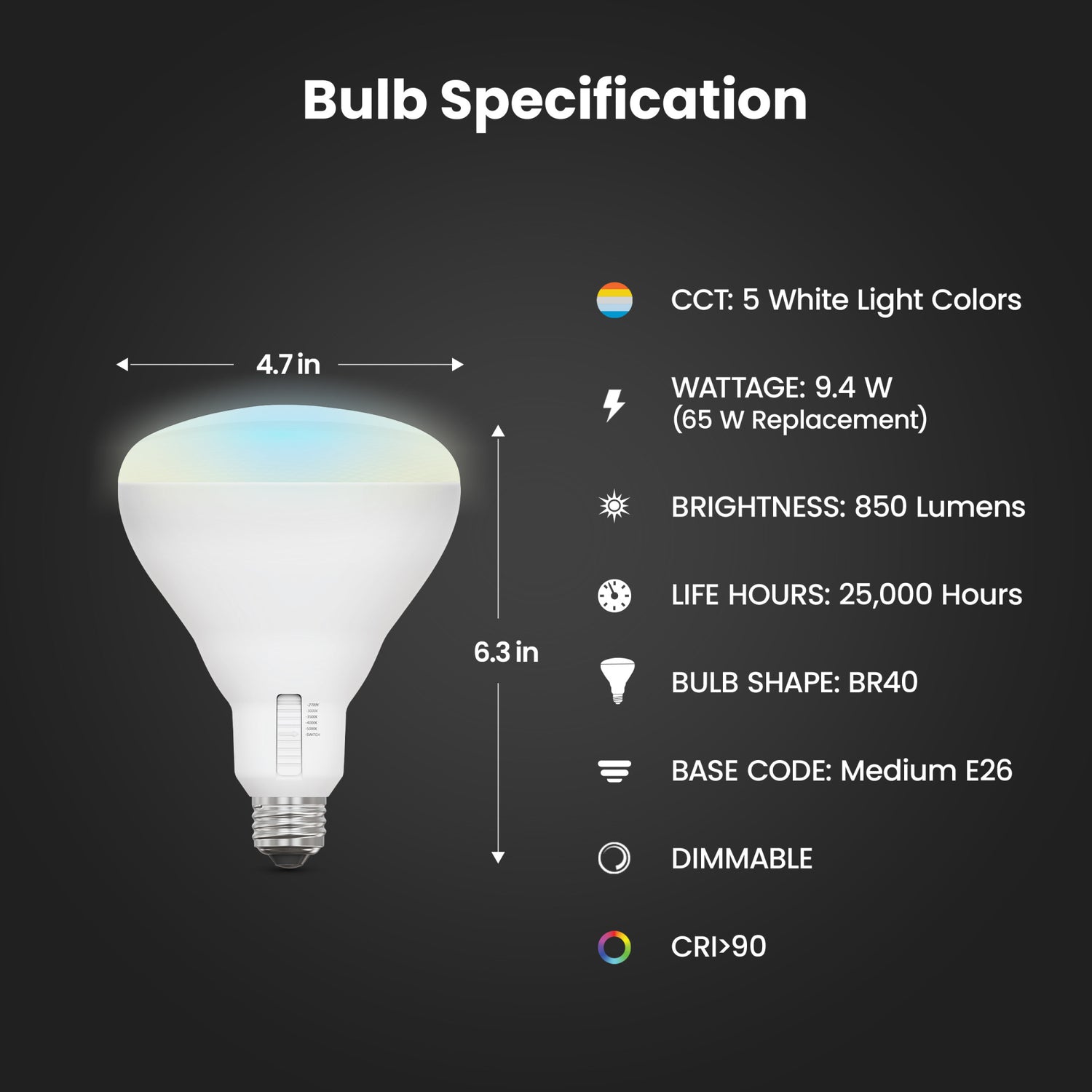9.4W (65W Replacement) Adjustable White (5CCT) Dimmable BR40 Shape LED Bulb (2-Pack)