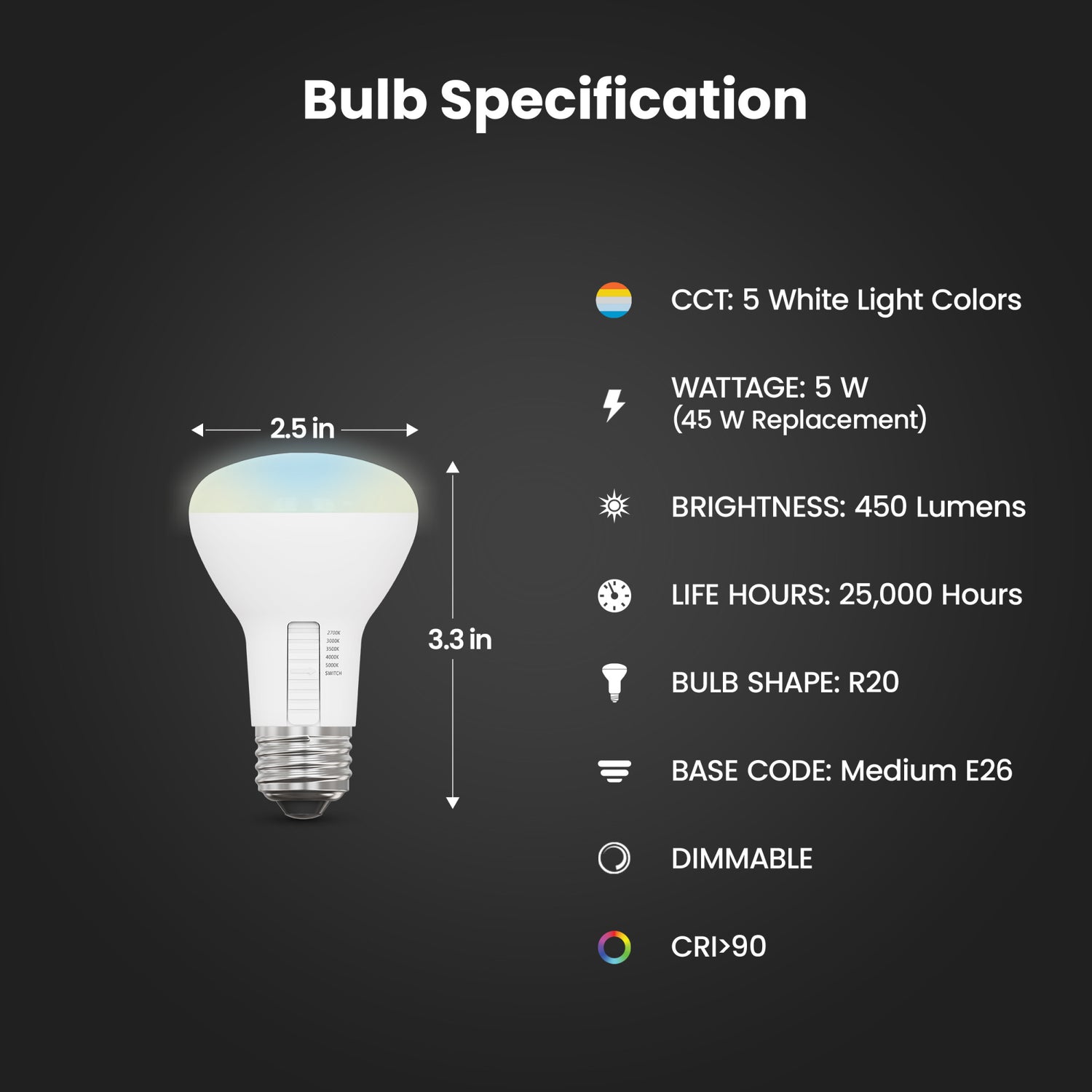 5W (45W Replacement) Adjustable White Dimmable R20 LED Bulb (2-Pack)