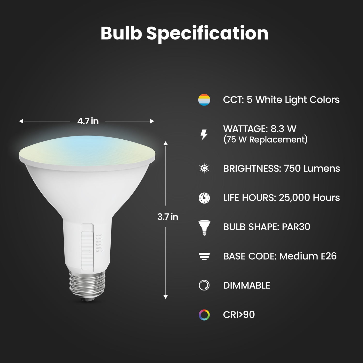 8.3W (75W Replacement) Adjustable White Dimmable PAR30 LED Bulb (2-Pack)