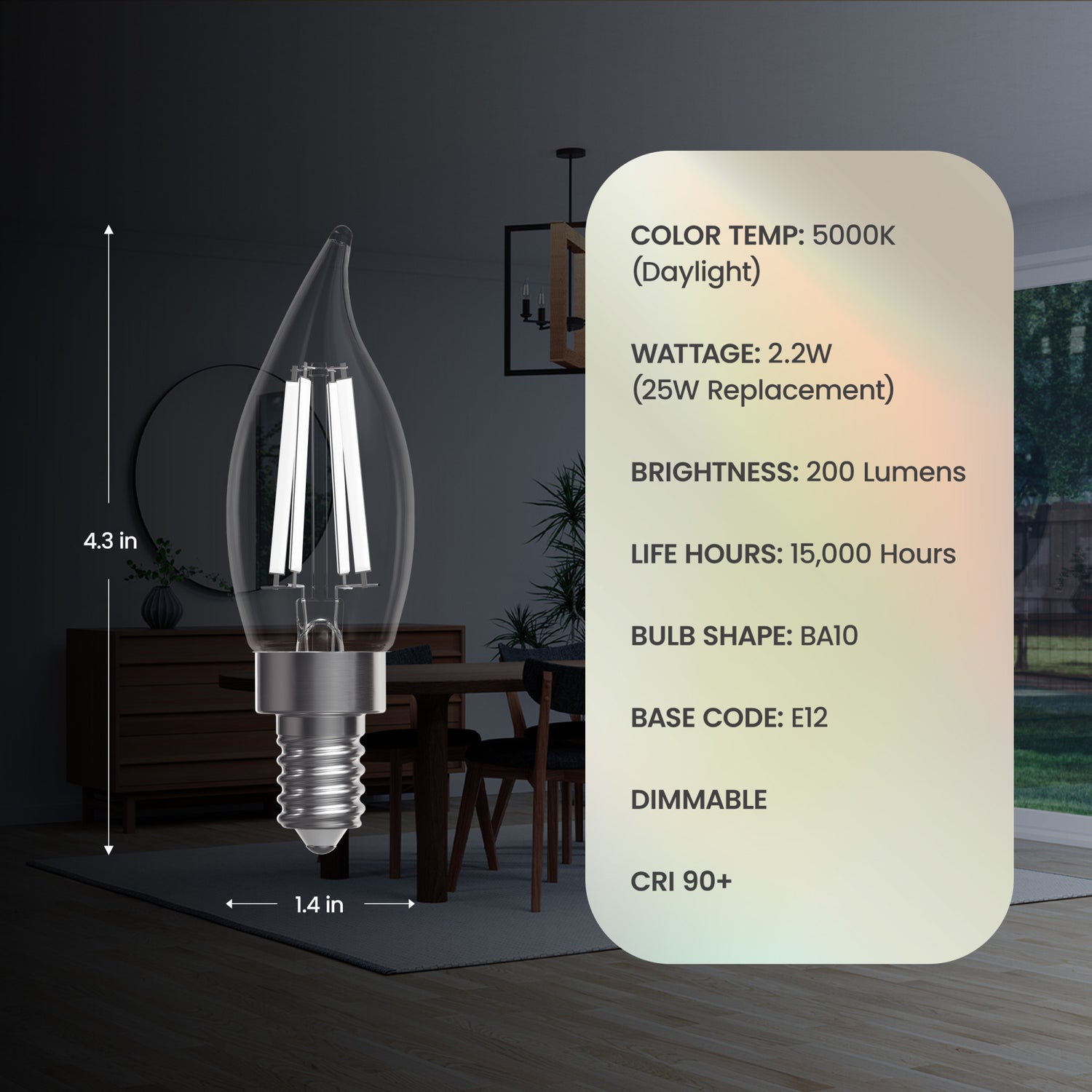 2.2W (25W Replacement) Daylight (5000K) E12 Base BA10 Flame Tip White Filament LED Bulb (3-Pack)