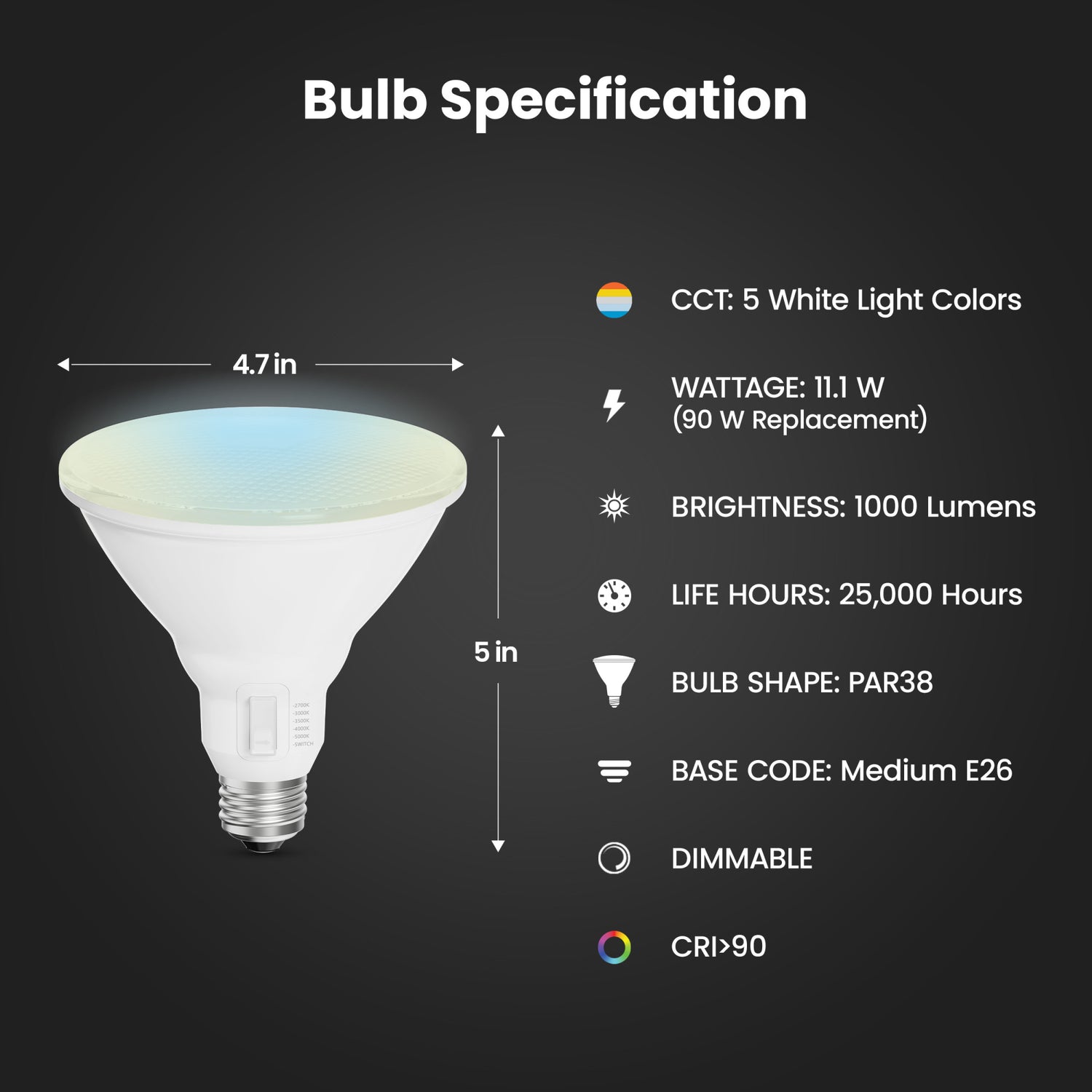 11.1W (90W Replacement) Adjustable White E26 Base PAR38 LED Bulb (2-Pack)
