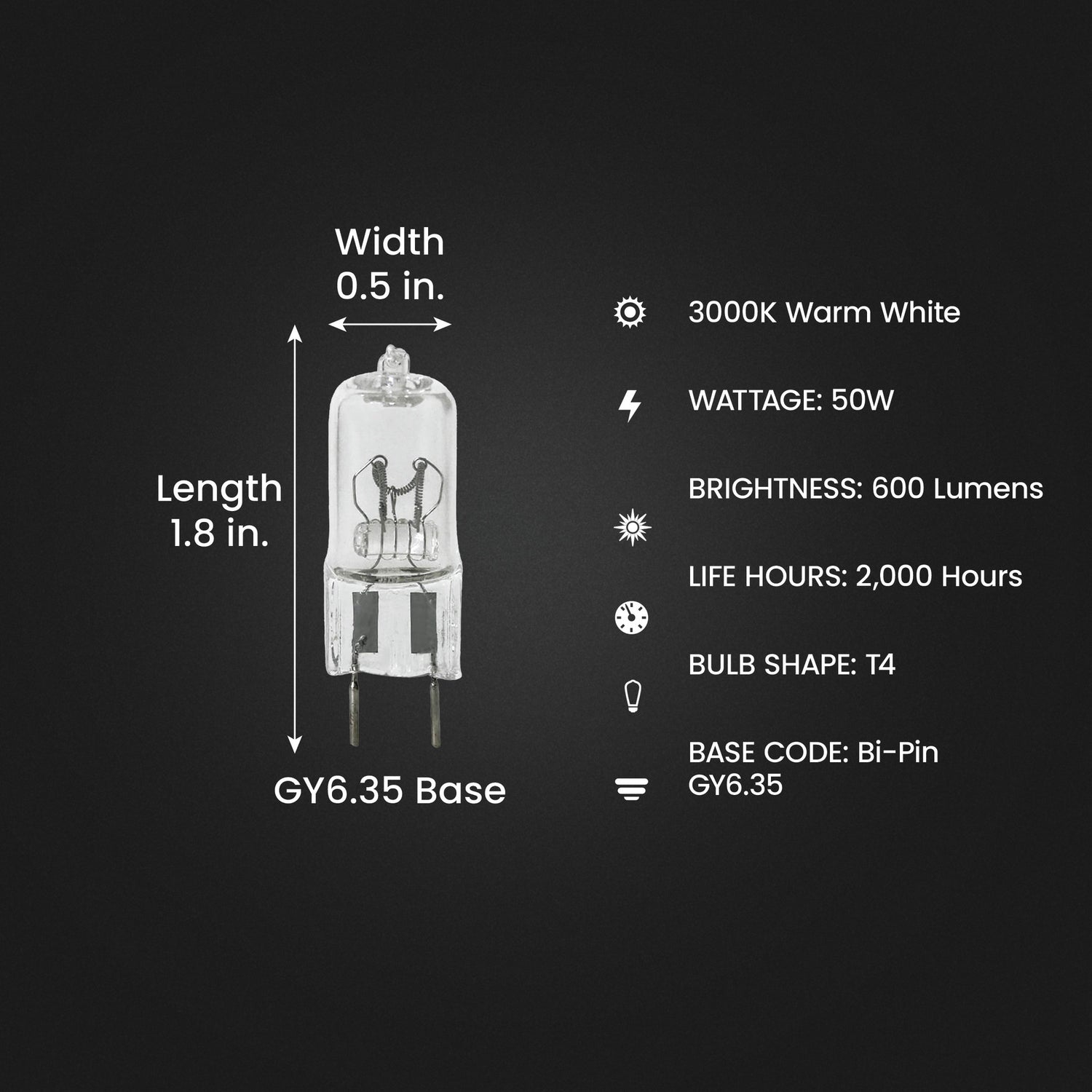 50W Warm White (3000K) GY6.35 Base (T4 Replacement) Halogen Replacement Light Bulb