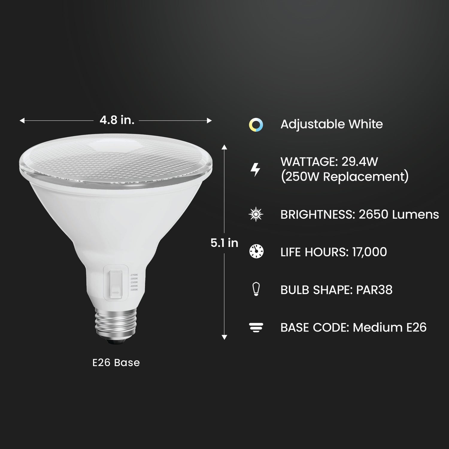 29.4W (250W Replacement) Adjustable White E26 Base PAR38 Dimmable LED Bulb