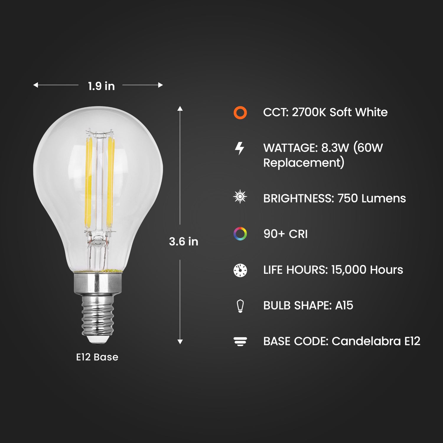 8.3W (60W Replacement)  Soft White (2700K) A15 E12 Base Filament LED (2-Pack)