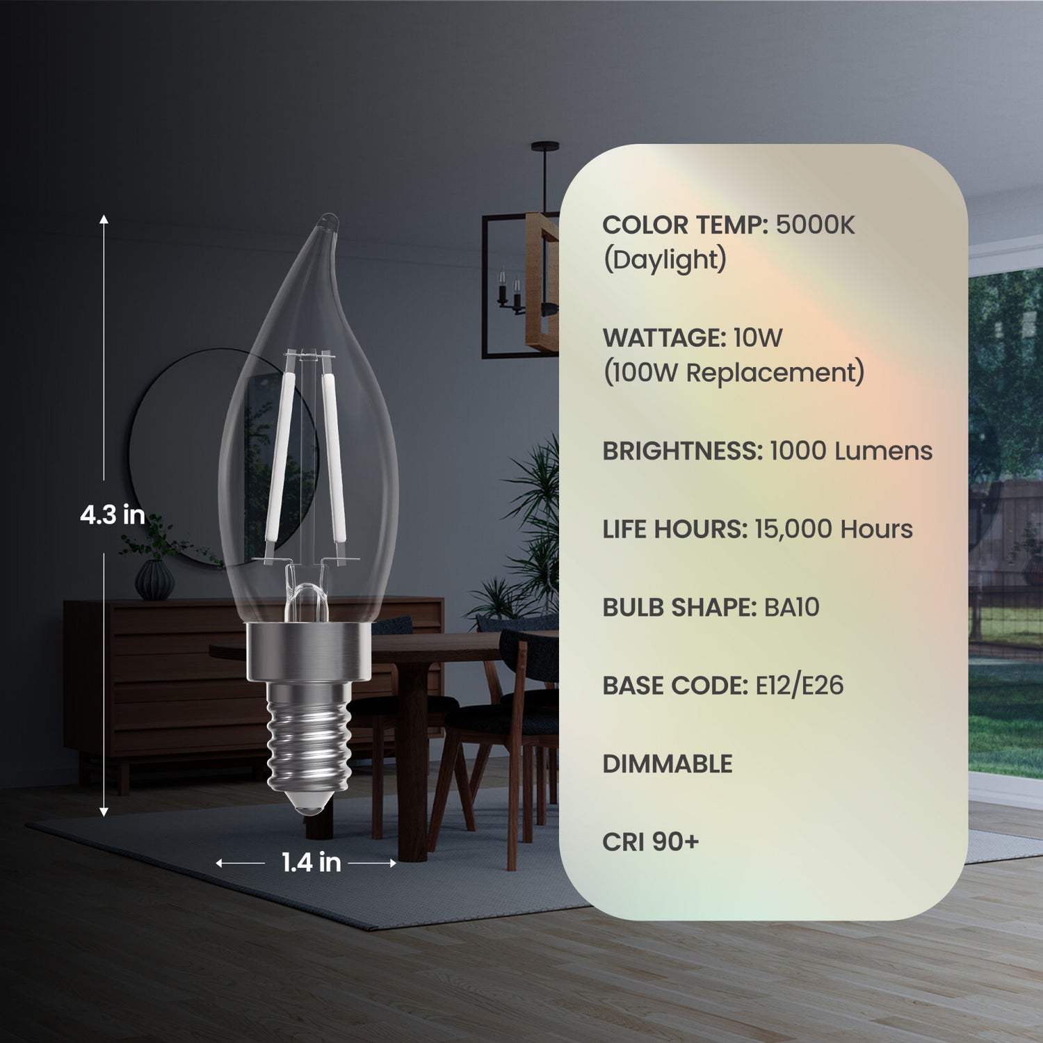 10W (100W Replacement) Daylight (5000K) E12/E26 Base BA10 Dimmable Flame Tip White Filament LED Bulb (3-Pack)