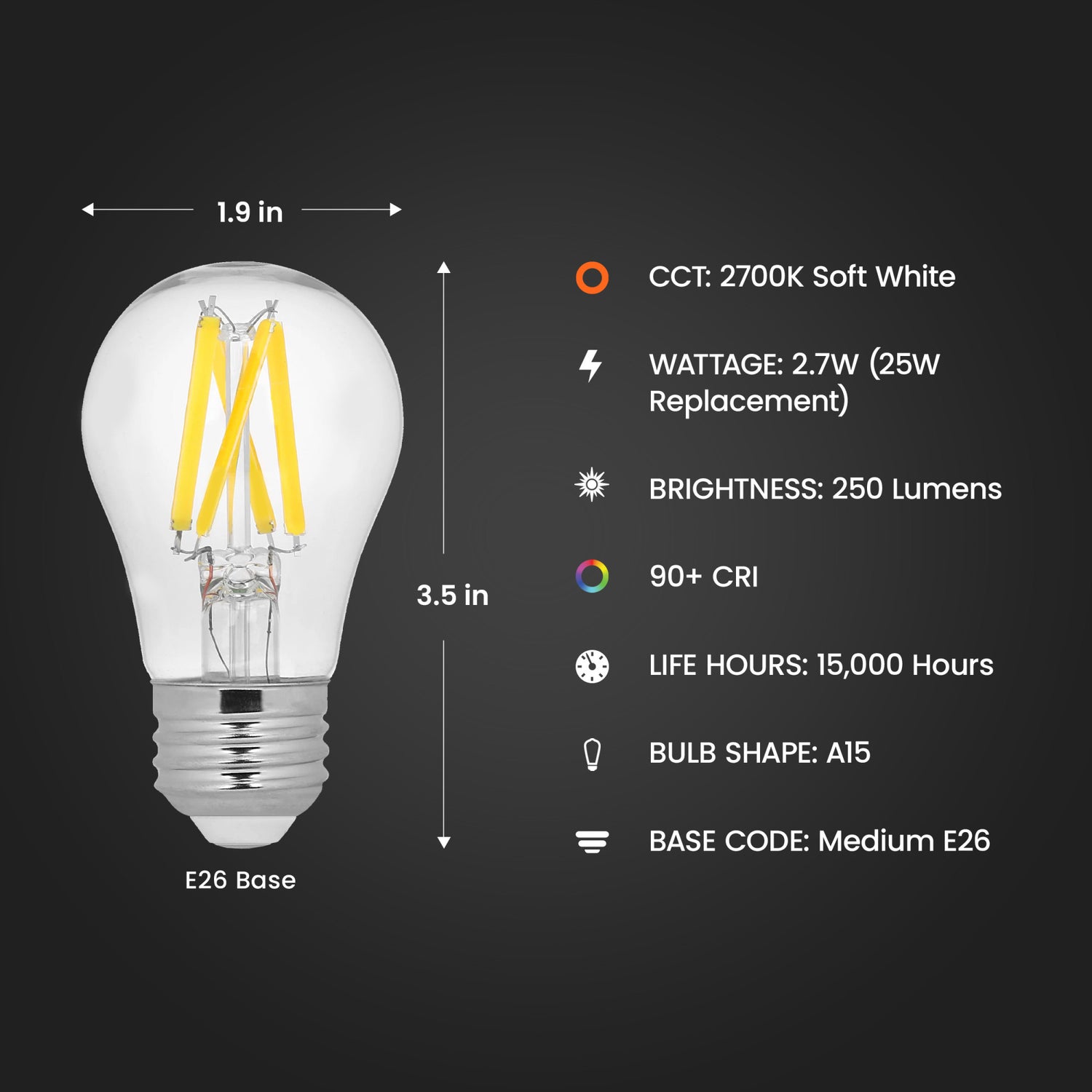 2.7W (25W Replacement) Soft White (2700K) E26 Base A15 Dimmable Clear Filament LED Bulb (2-Pack)