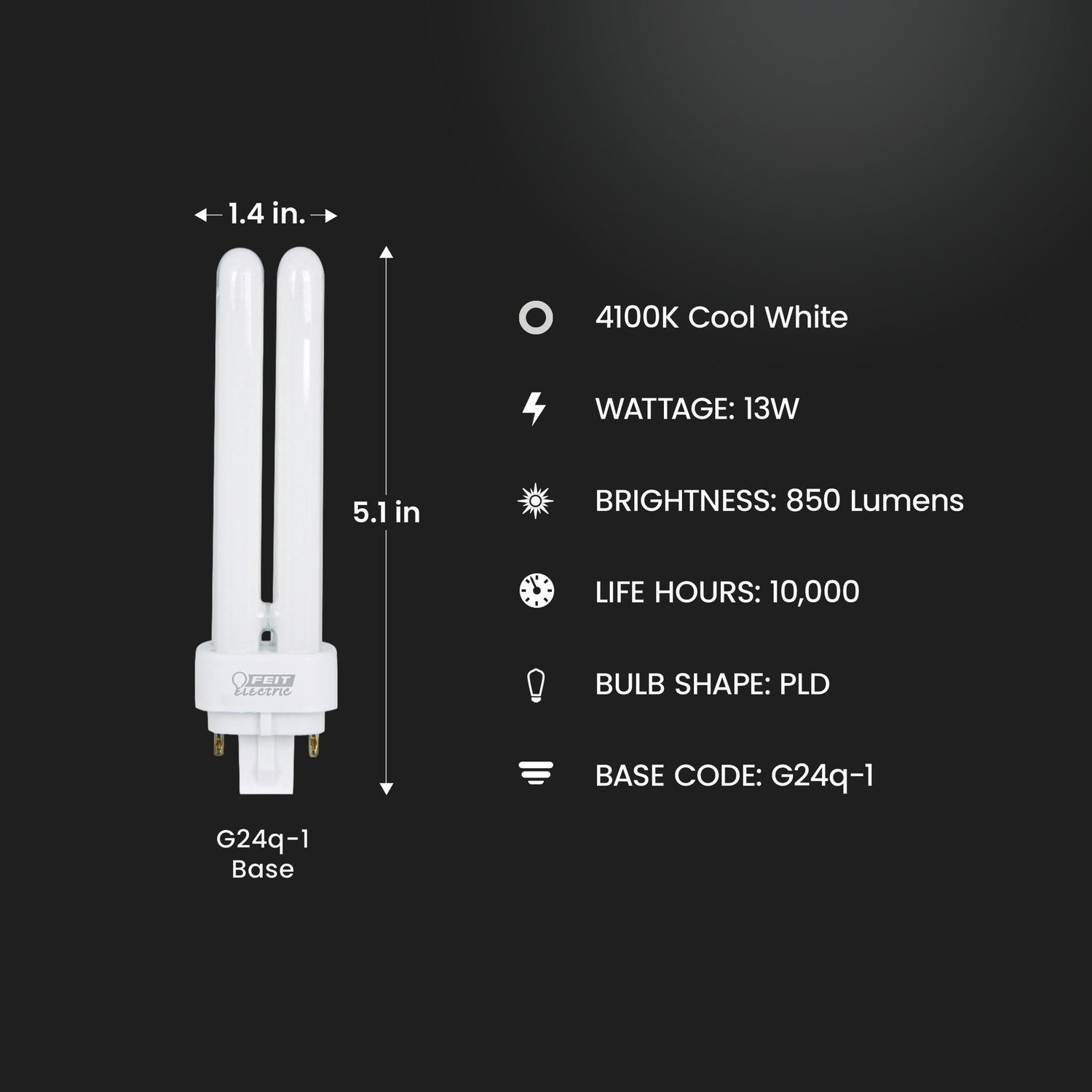13W Cool White (4100K) PLD Double Twin Tube G24Q-1 Base Compact Fluorescent Light Bulb