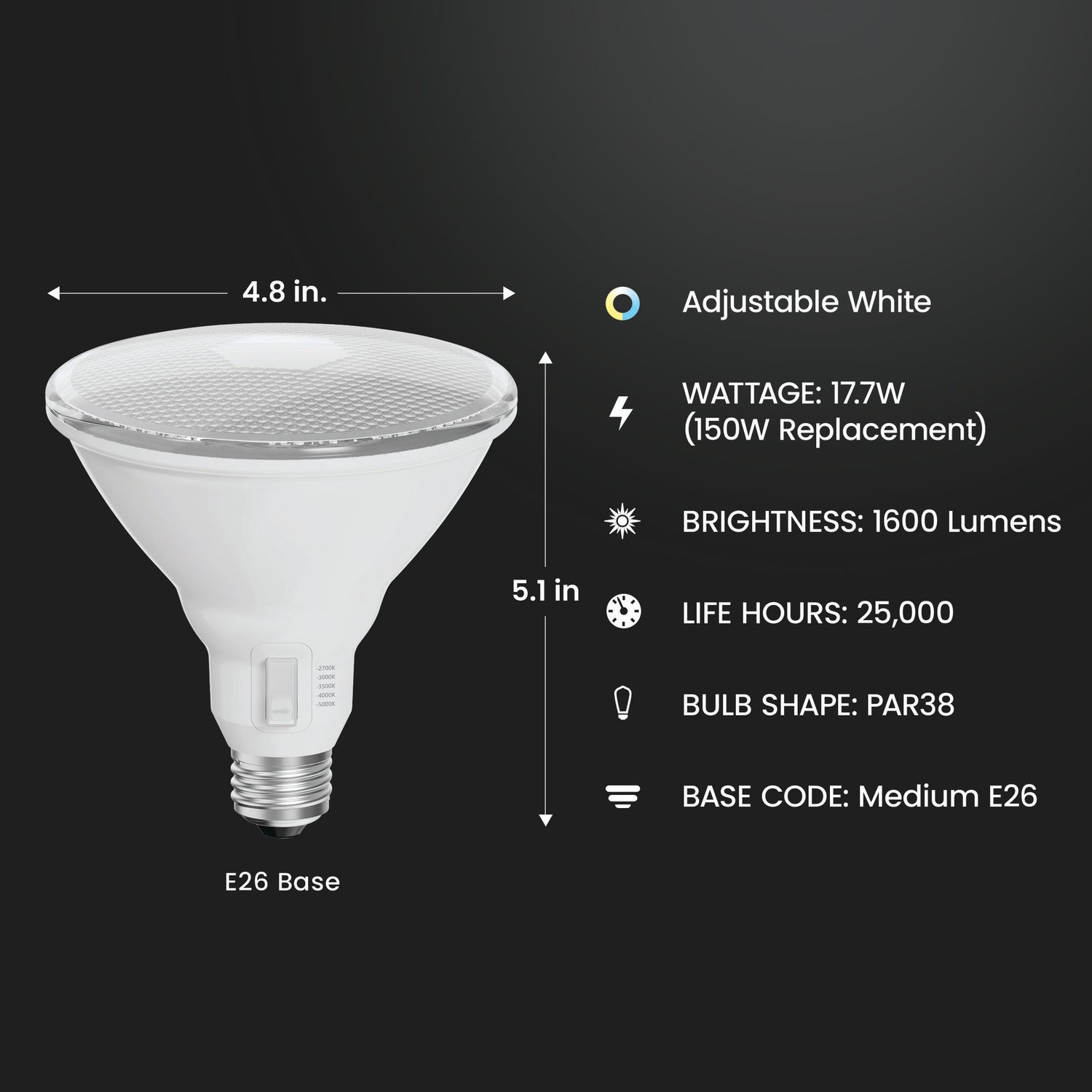 17.7W (150W Replacement) Adjustable White E26 Base Dimmable PAR38 LED Bulb