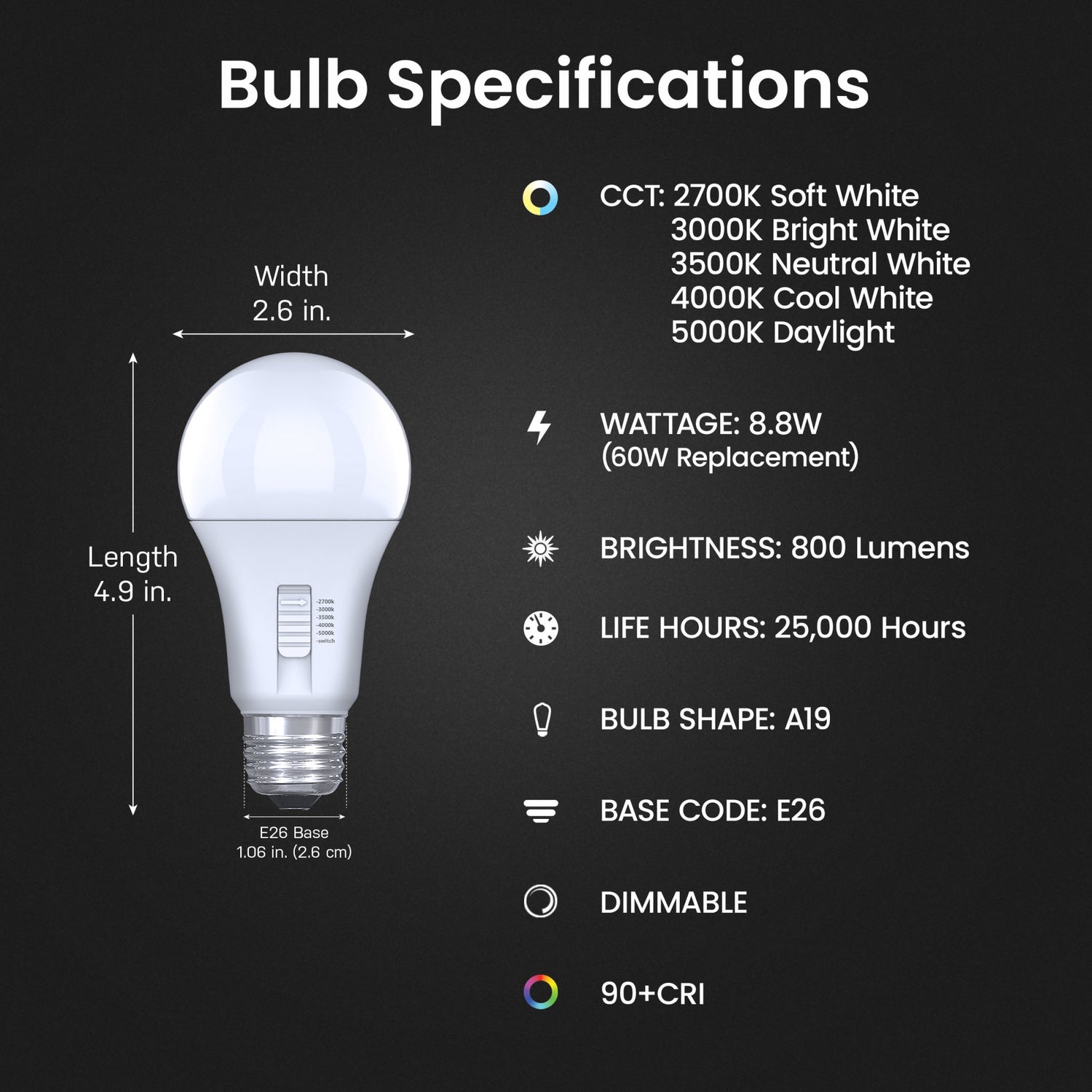8.8W (60W Replacement) Selectable White A19 E26 Base Dimmable General-Purpose LED Bulb (4-Pack)