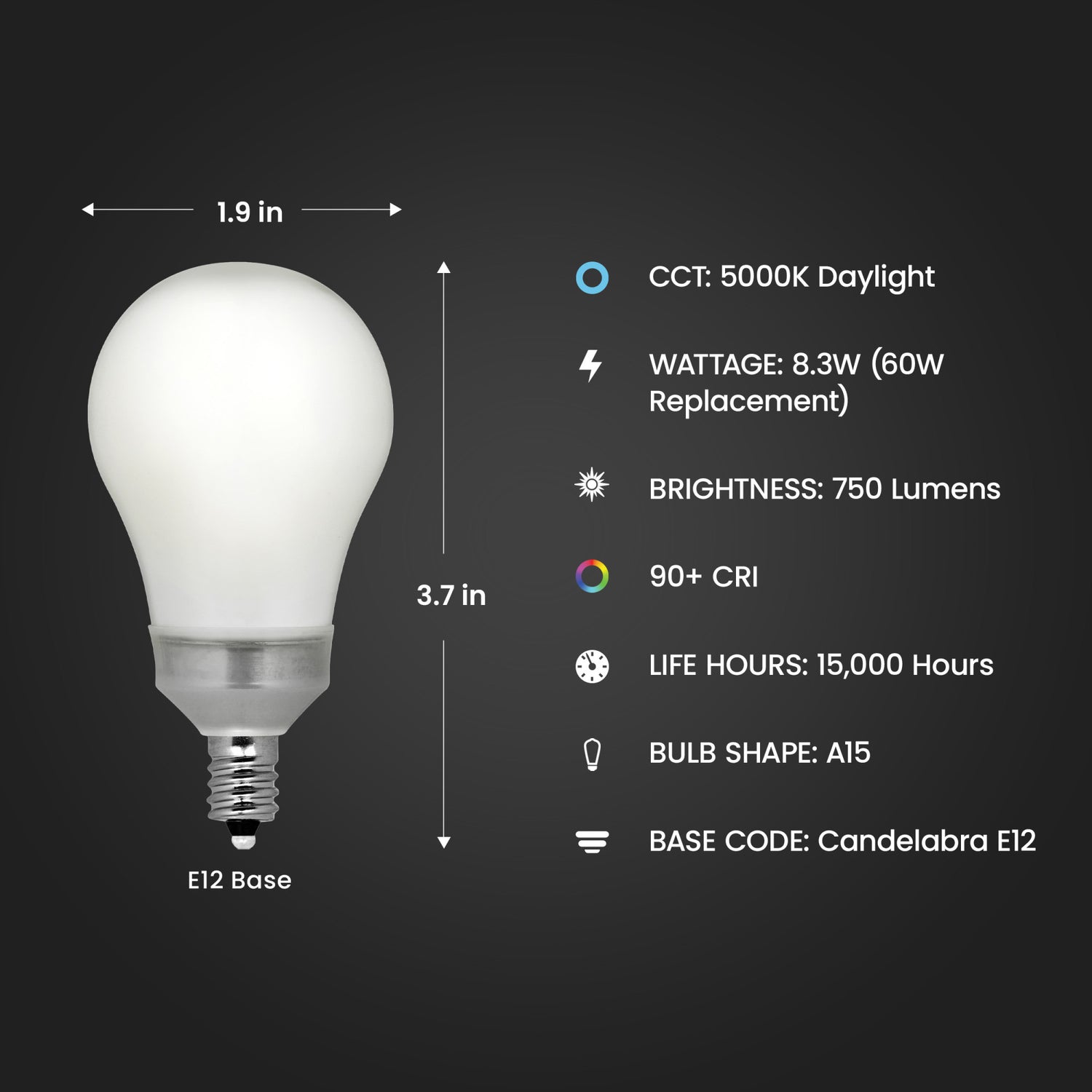 8.3W (60W Replacement) Daylight (5000K) A15 Candelabra Base Dimmable Glass Filament Enhance LED Bulb (2-Pack)
