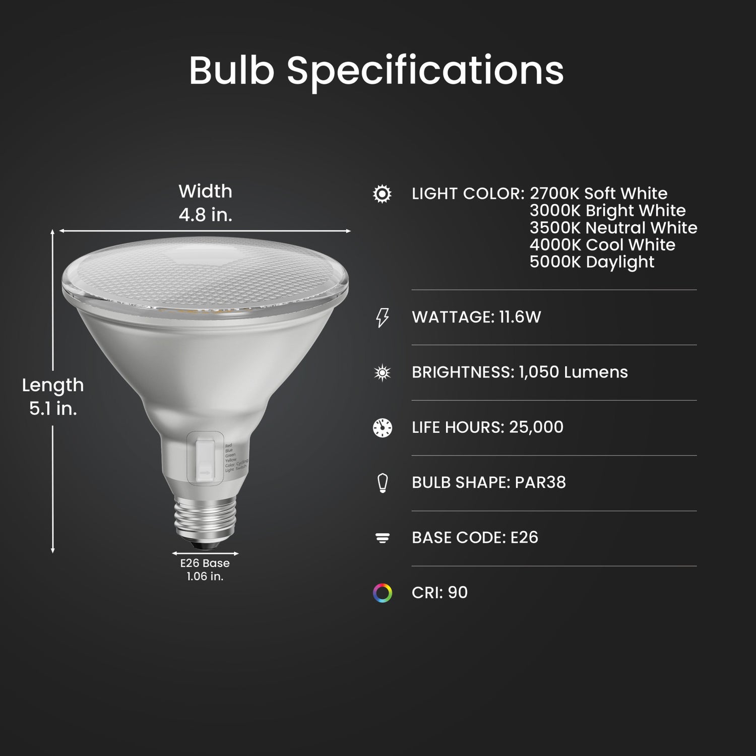 11.6W (90W Replacement) Adjustable White E26 Base PAR38 Dusk to Dawn LED Bulb