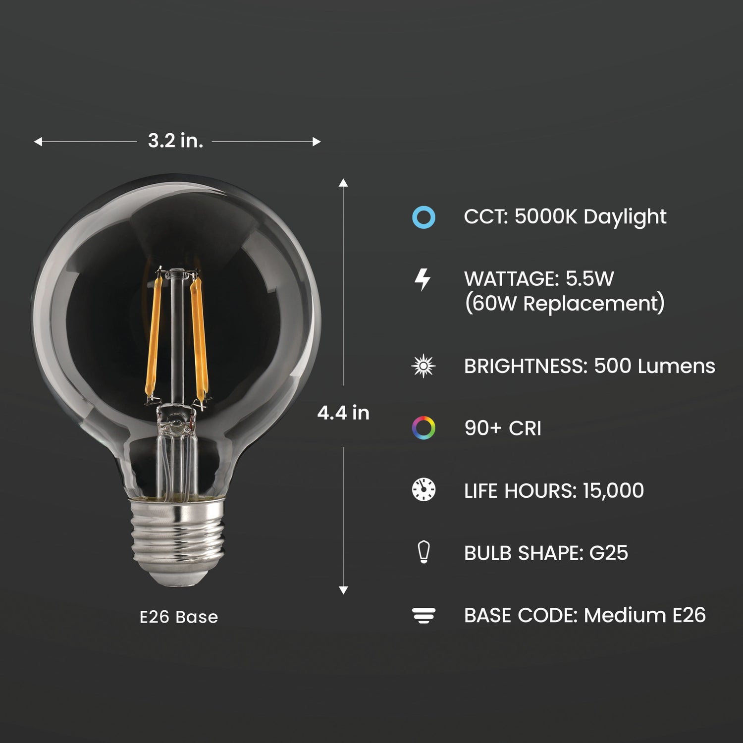 5.5W (60W Replacement) Daylight (5000K) G25 E26 Base Dimmable Enhance Glass Filament Globe LED (3-Pack)