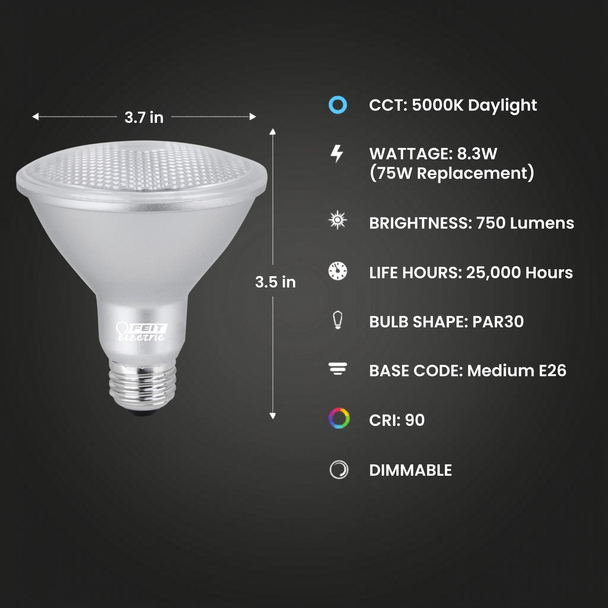 8.3W (75W Replacement) Daylight (5000K) E26 Base PAR30 Short Neck