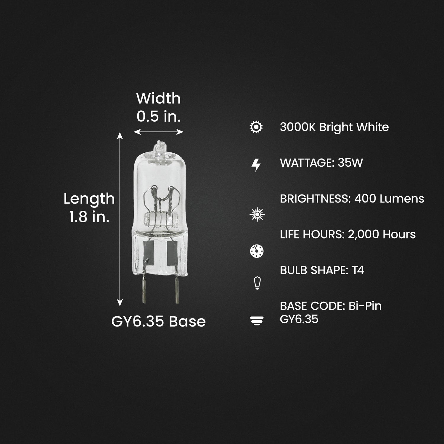 35W Bright White (3000K) GY6.35 Base (T4 Replacement) Dimmable Clear Quartz Halogen Light Bulb