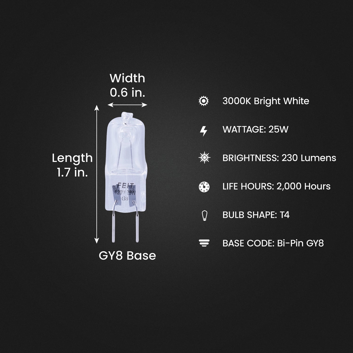 25W Warm White (3000K) G8 Base T4 Dimmable Halogen Light Bulb