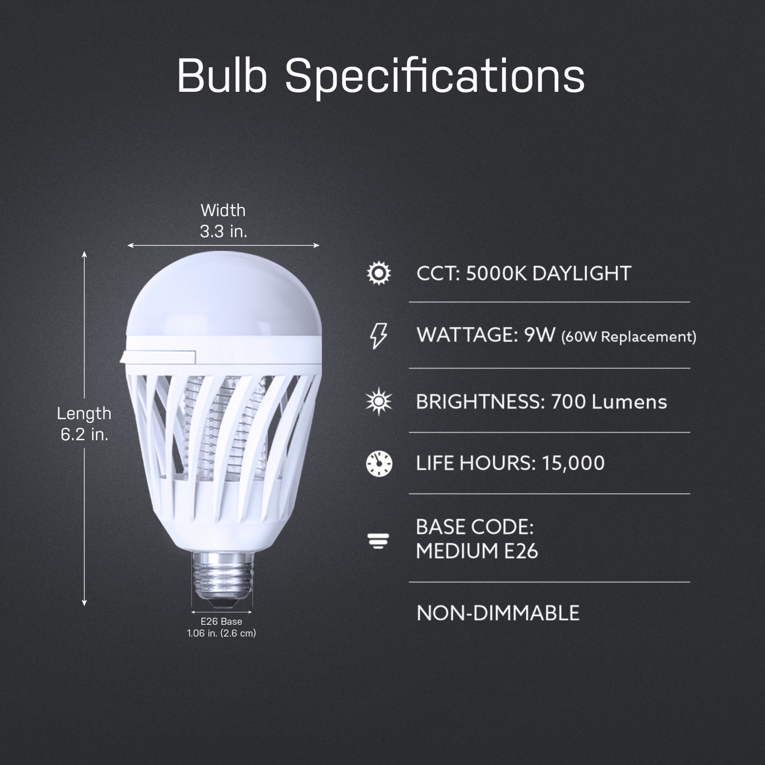 9W (60W Replacement) Daylight (5000K) E26 Base Cylinder Shape Bug Zapper + Light Bulb