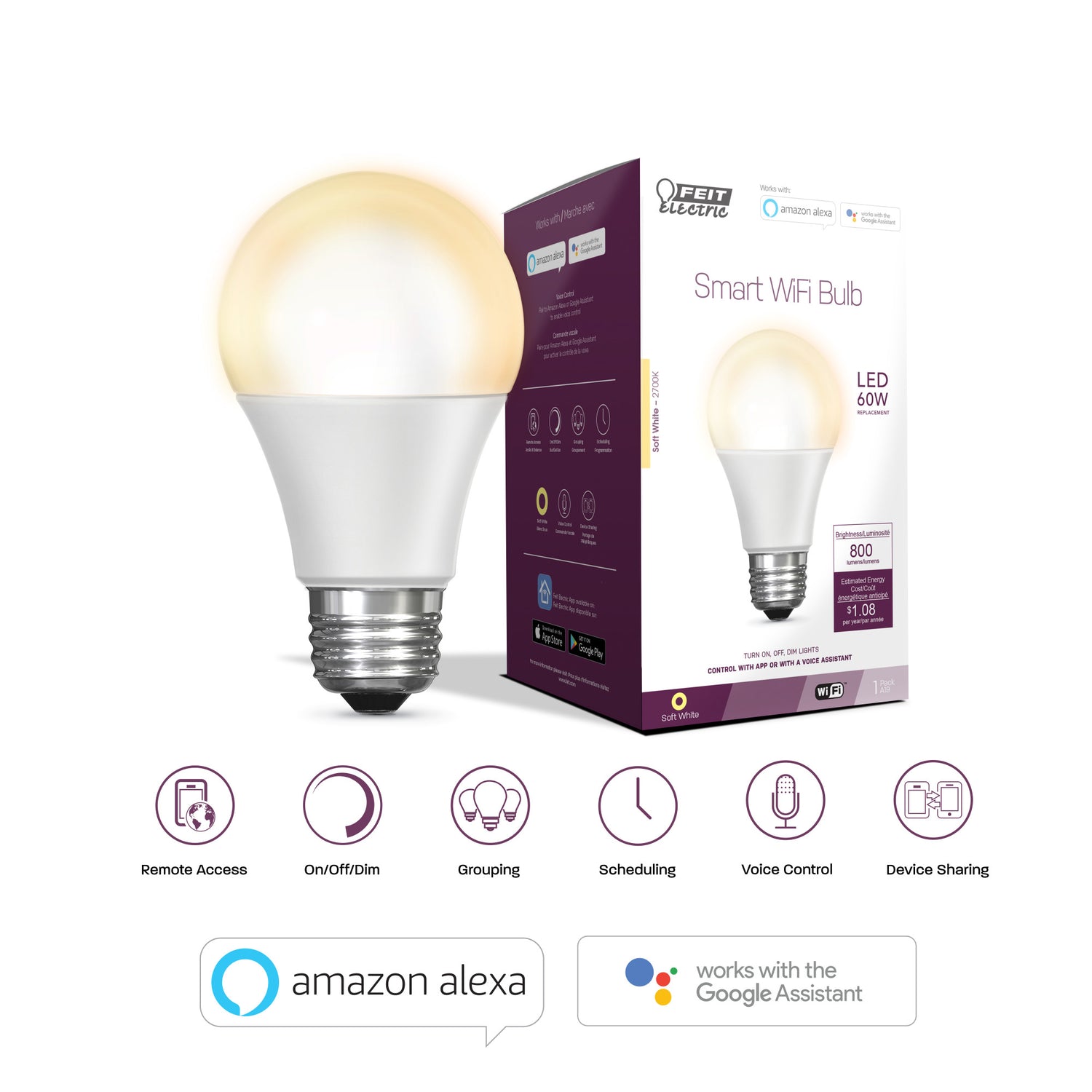 9W (60W Replacement) Soft White (2700K) A19 LED Alexa Google Smart Wi-Fi Bulb (3-Pack)
