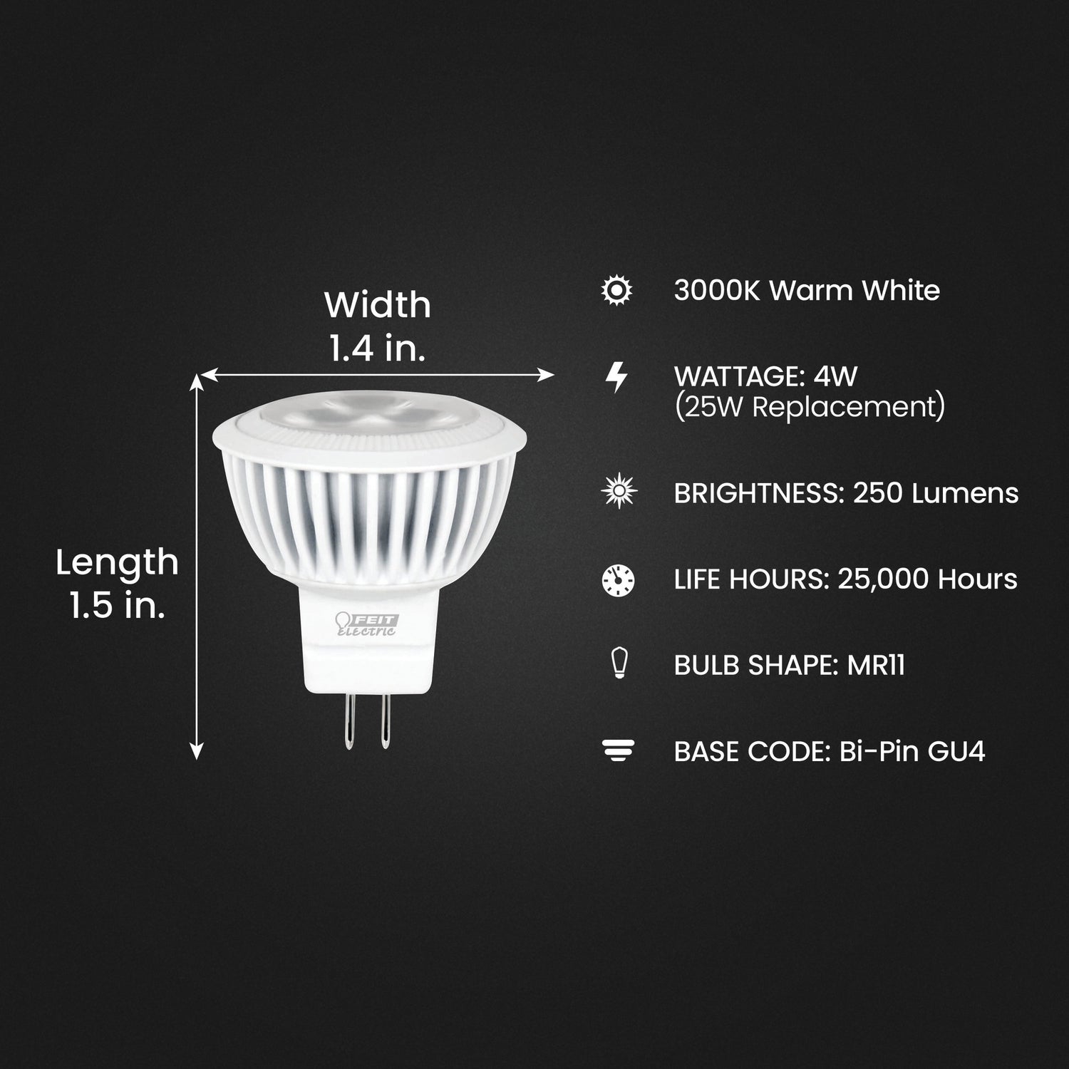 4W (25W Replacement) Warm White (3000K) GU4 Base MR11 Reflector LED Light Bulb