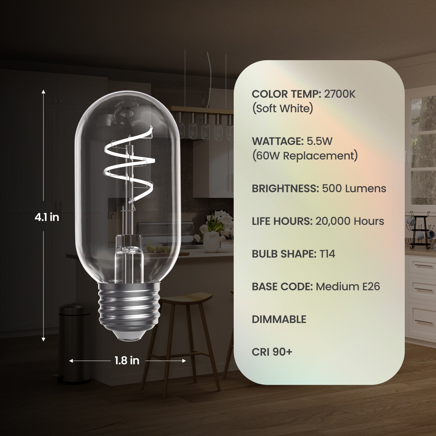5.5W (60W Replacement) T14 E26 Dimmable Designer Spiral White Filament LED Bulb, Soft White (2-Pack)