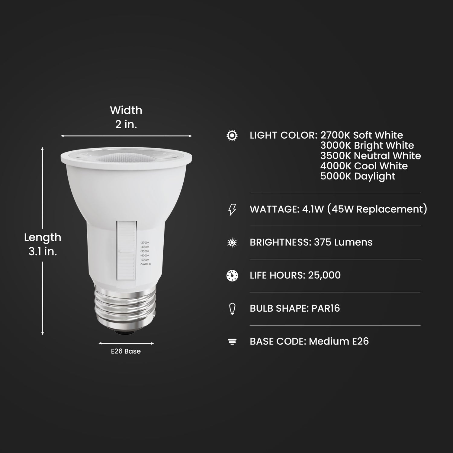 4.1W (45W Replacement) Adjustable White E26 Base PAR16 Dimmable Reflector LED (2-Pack)