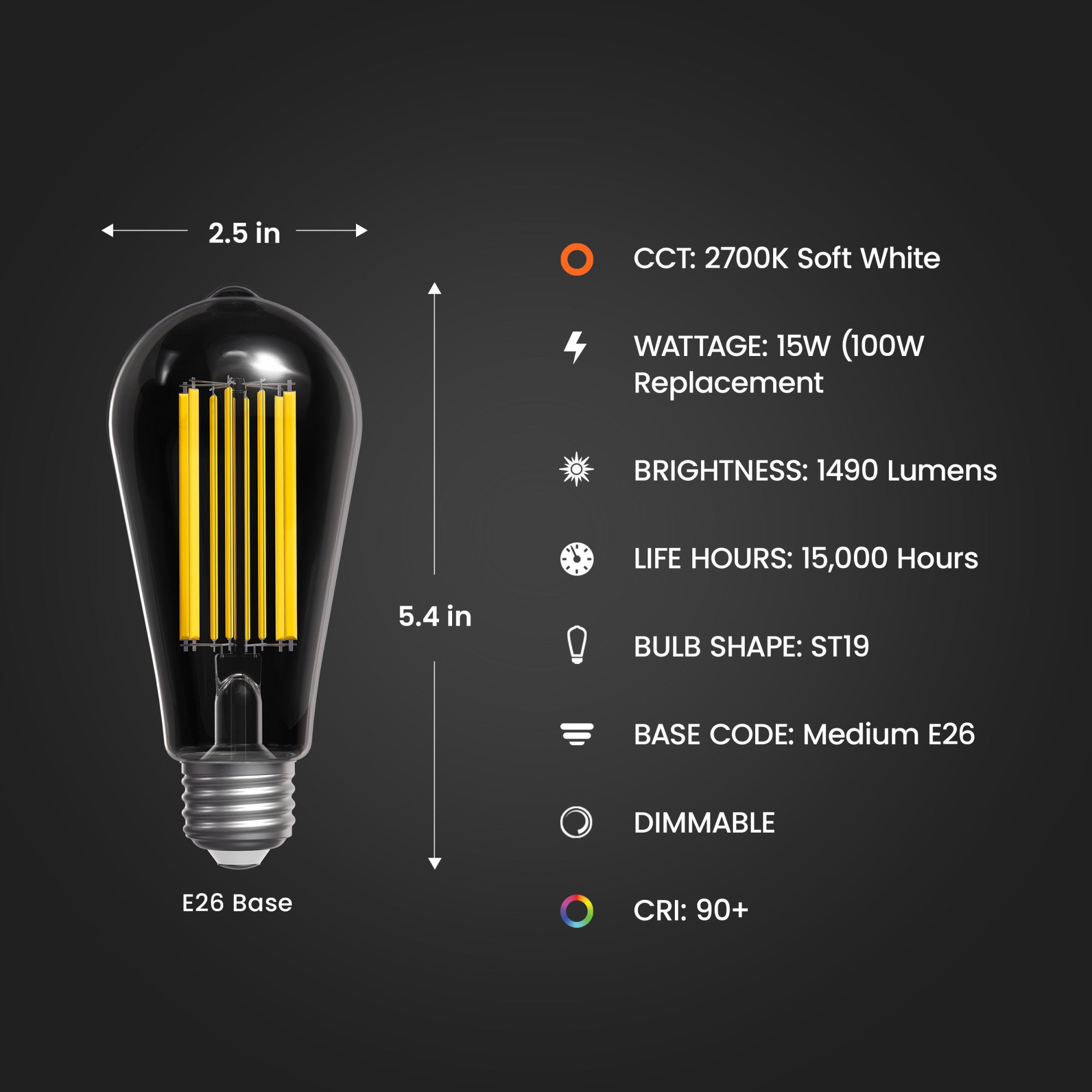 15W (100W Replacement) ST19 E26 Dimmable Straight Filament Clear