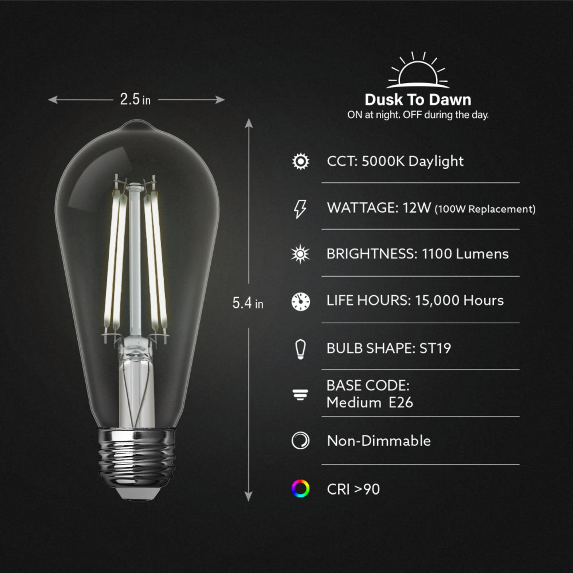 12W (100W Replacement) ST19 E26 Dusk to Dawn Filament Clear Glass
