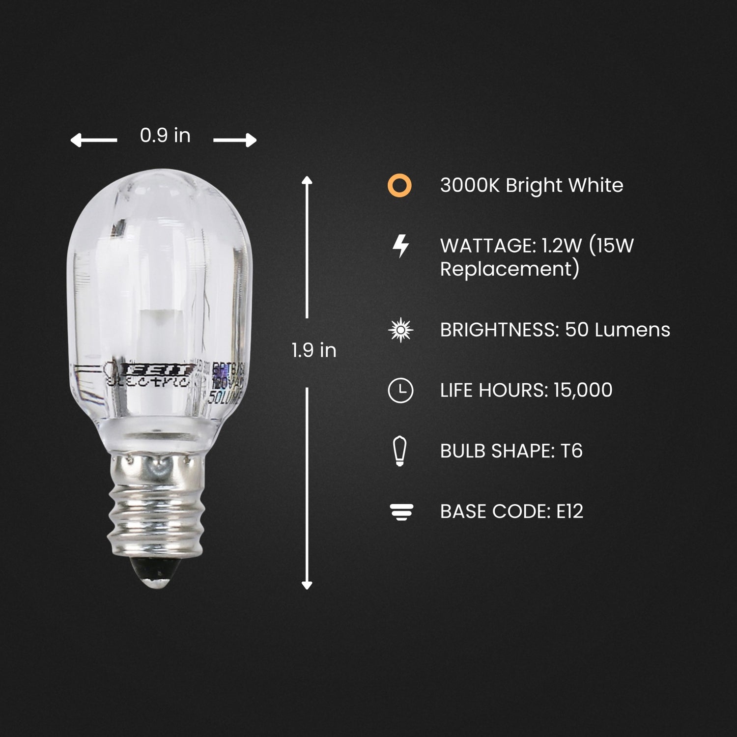 1.2W (15W Replacement) Bright White (3000K) E12 Base T6 Candelabra LED Light Bulb