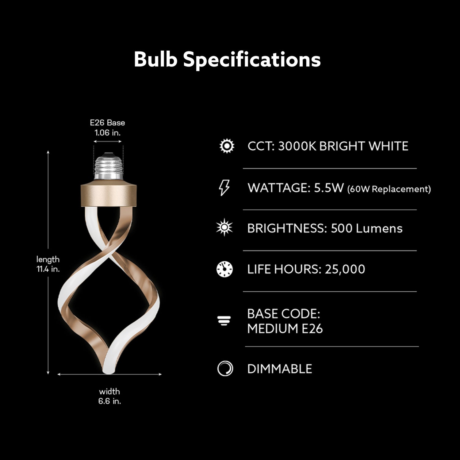 5.5W (40W Replacement) Bright White (3000K) Gold LED Helix Bulb