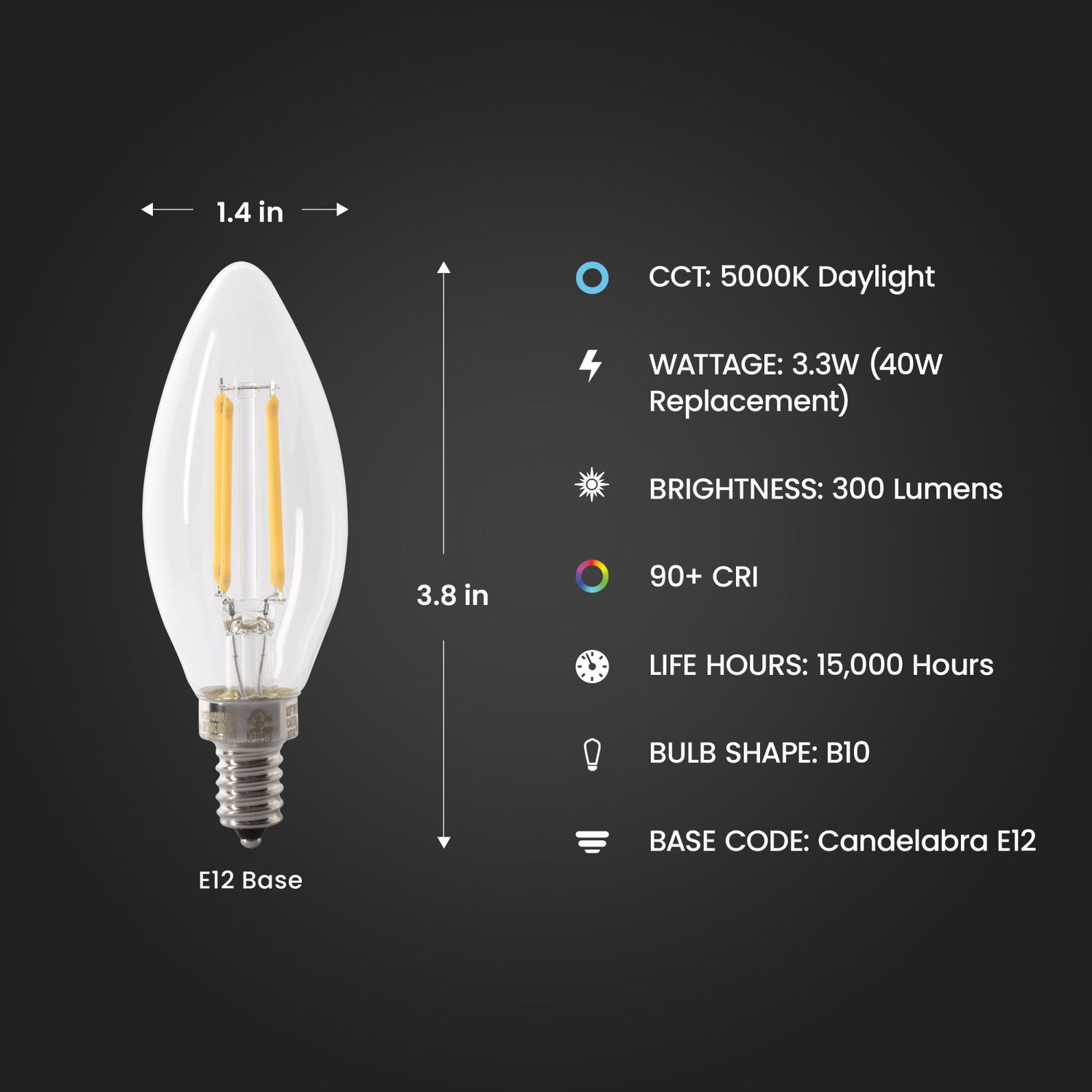 40W Replacement Clear B10 Dimmable Daylight Decorative LED Filament Enhance (2-Pack)