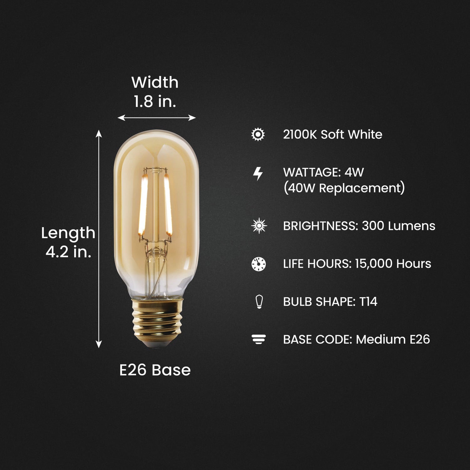 4W (40W Replacement) T14 E26 Dimmable Straight Filament Amber Glass Vintage Edison LED Light Bulb, Soft White