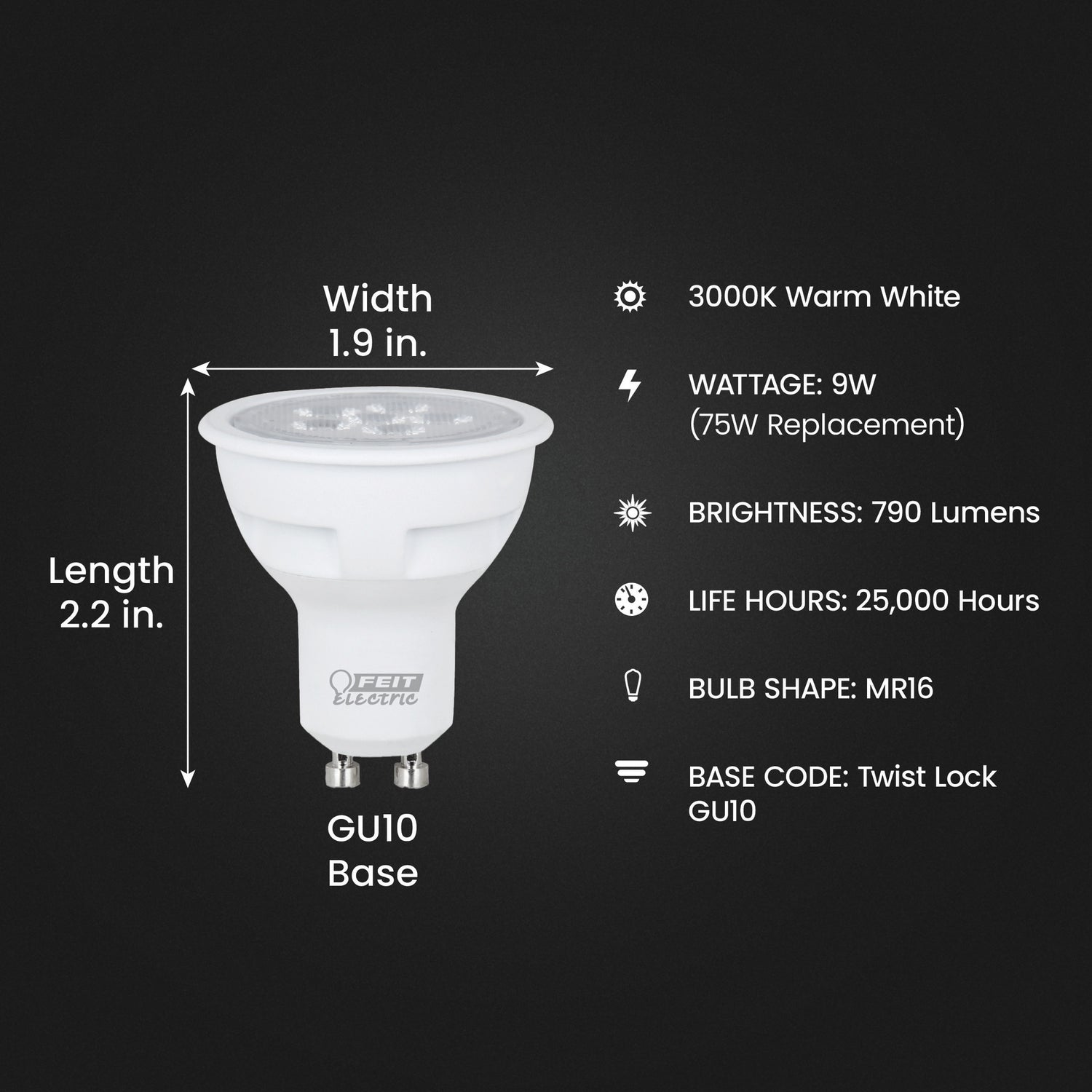 9W (75W Replacement) Warm White (3000K) GU10 Base MR16 Dimmable Reflector LED Light Bulb