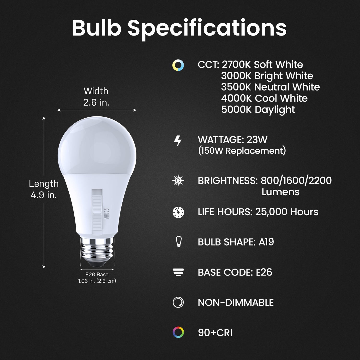 7/15/23W (50/75/150W Replacement) Adjustable White E26 Base A19 Non-Dimmable 3-Way Switch LED Bulb