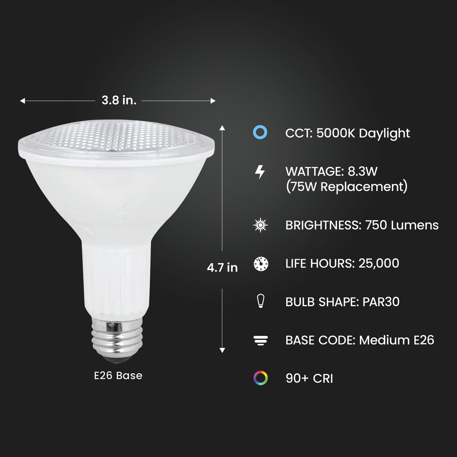 8.3W (75W Replacement) Daylight (5000K) E26 Base Long PAR30 Dimmable BeamChoice Reflector LED Light Bulb