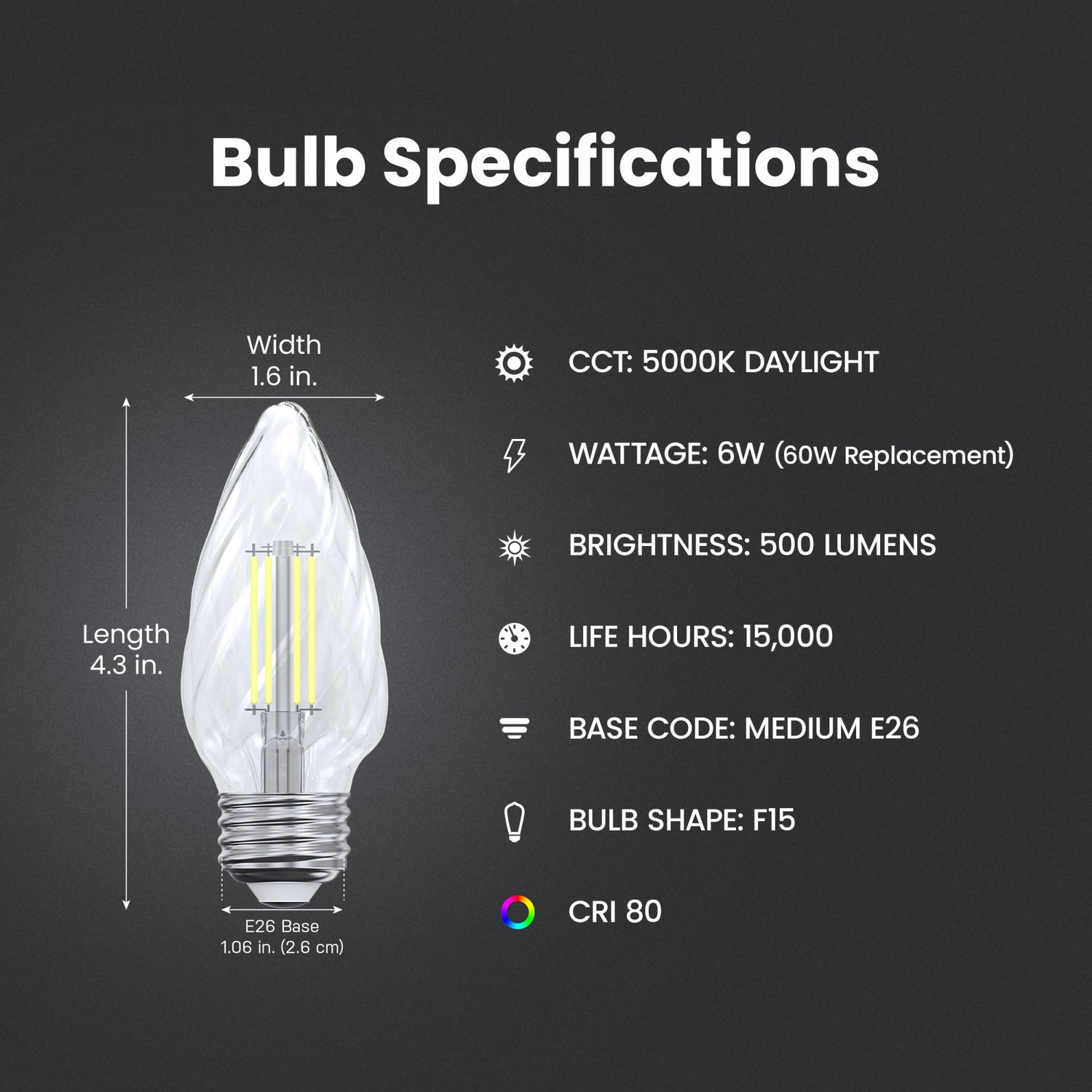 6W (60W Replacement) Daylight (5000K) Clear F15 Dimmable LED Post Lantern Bulb