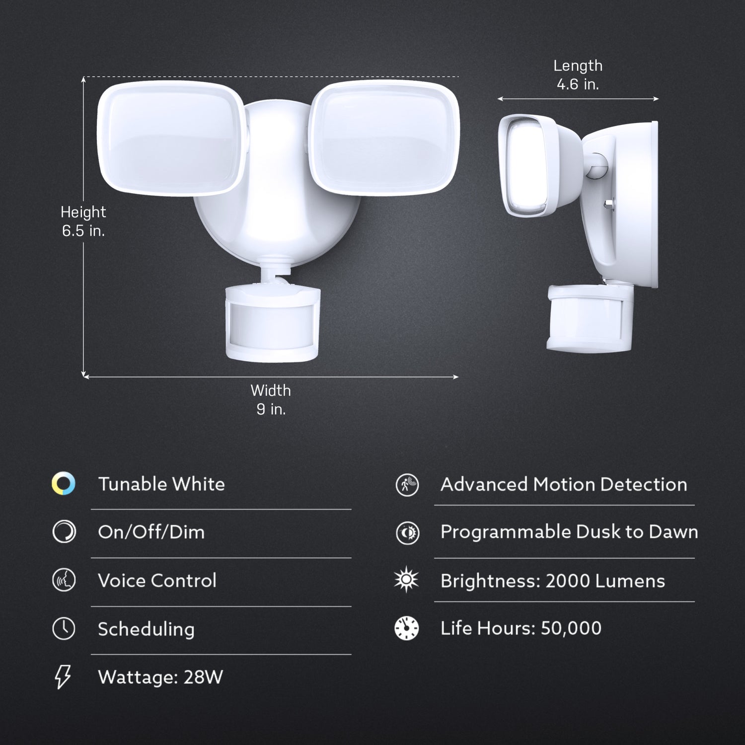 9 in. 28W Tunable White Dual Head Smart Motion Security Flood Light in White with Alexa Google