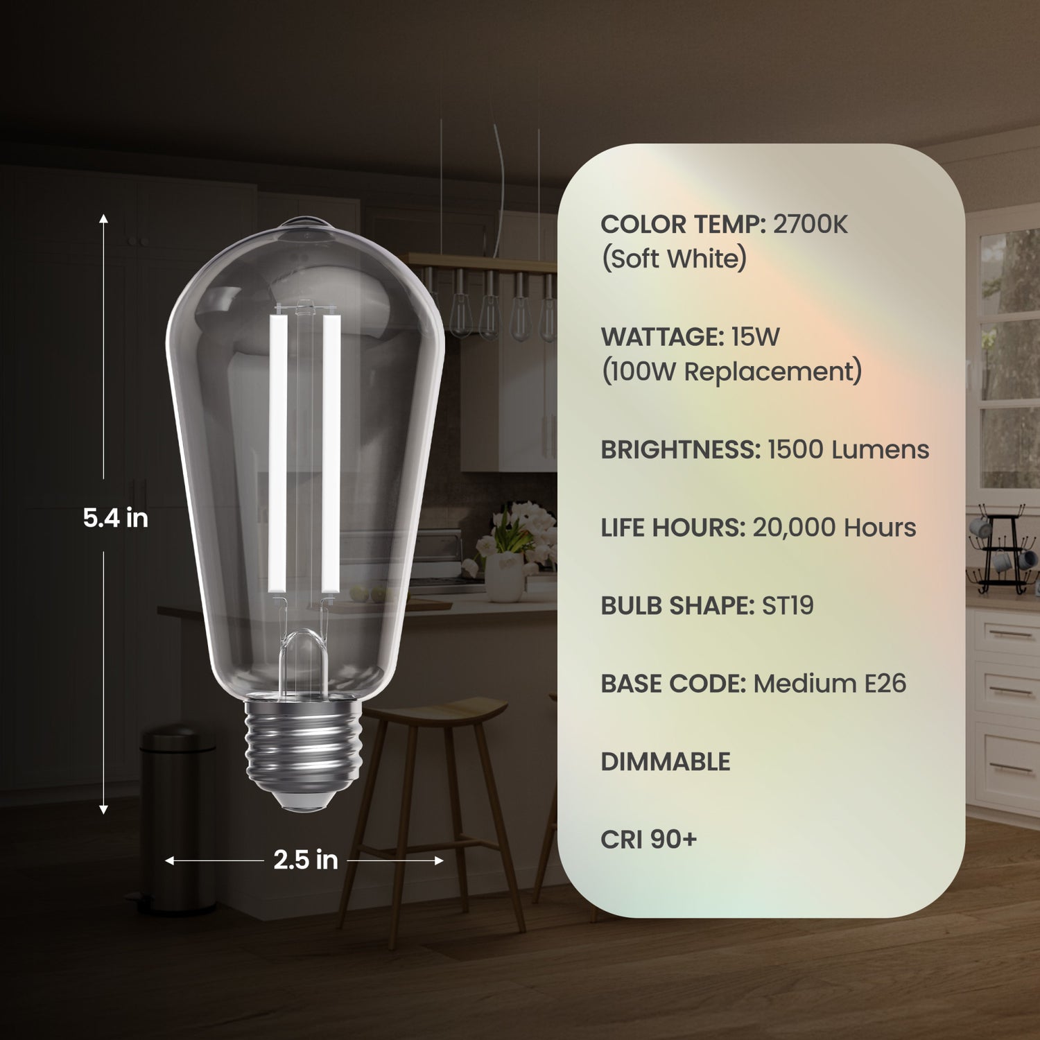 15W (100W Replacement) ST19 E26 Dimmable Designer Single White Filament Edison Light Bulb, Soft White (2-Pack)