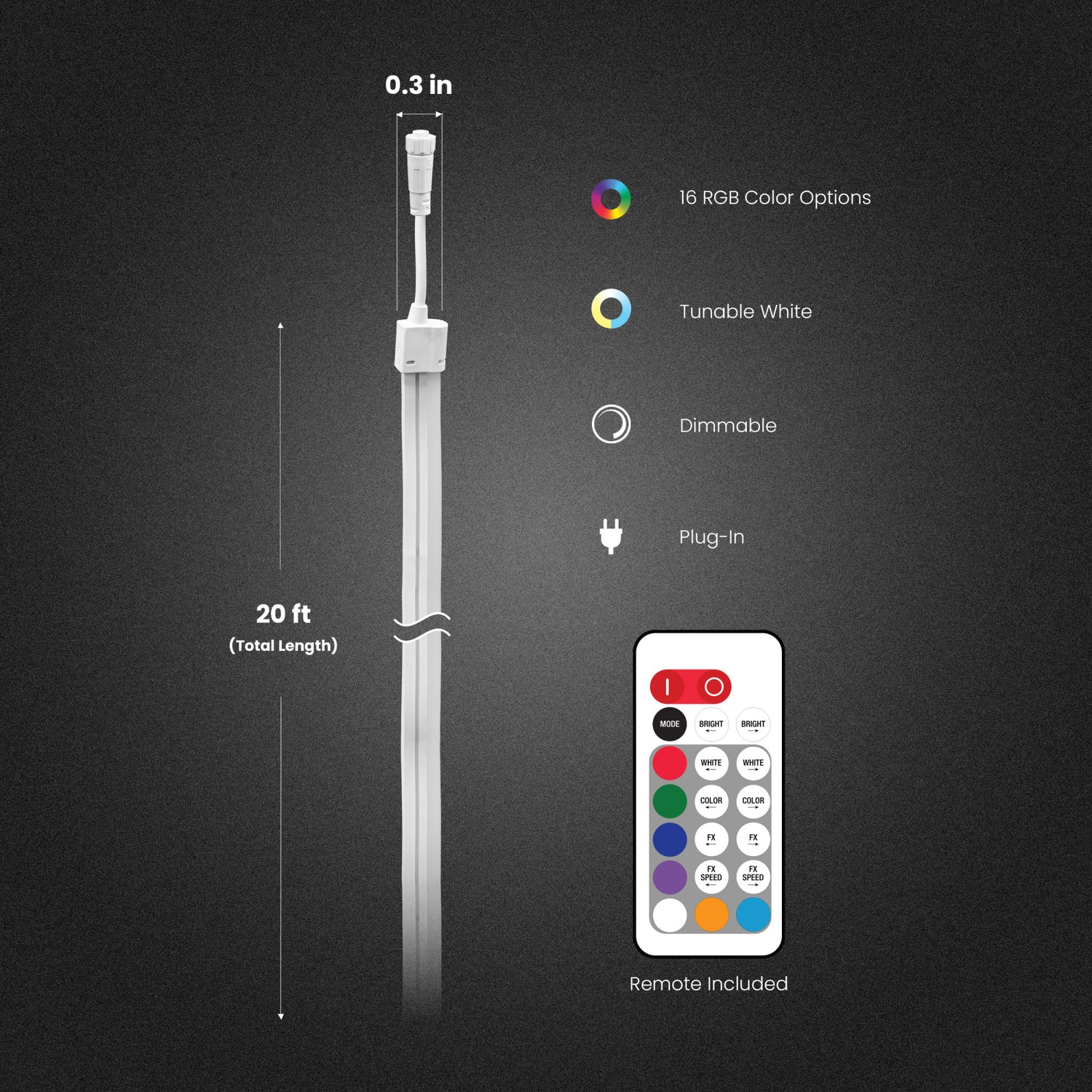 20 ft Outdoor Color & Tunable White Neon Flex Light with Remote