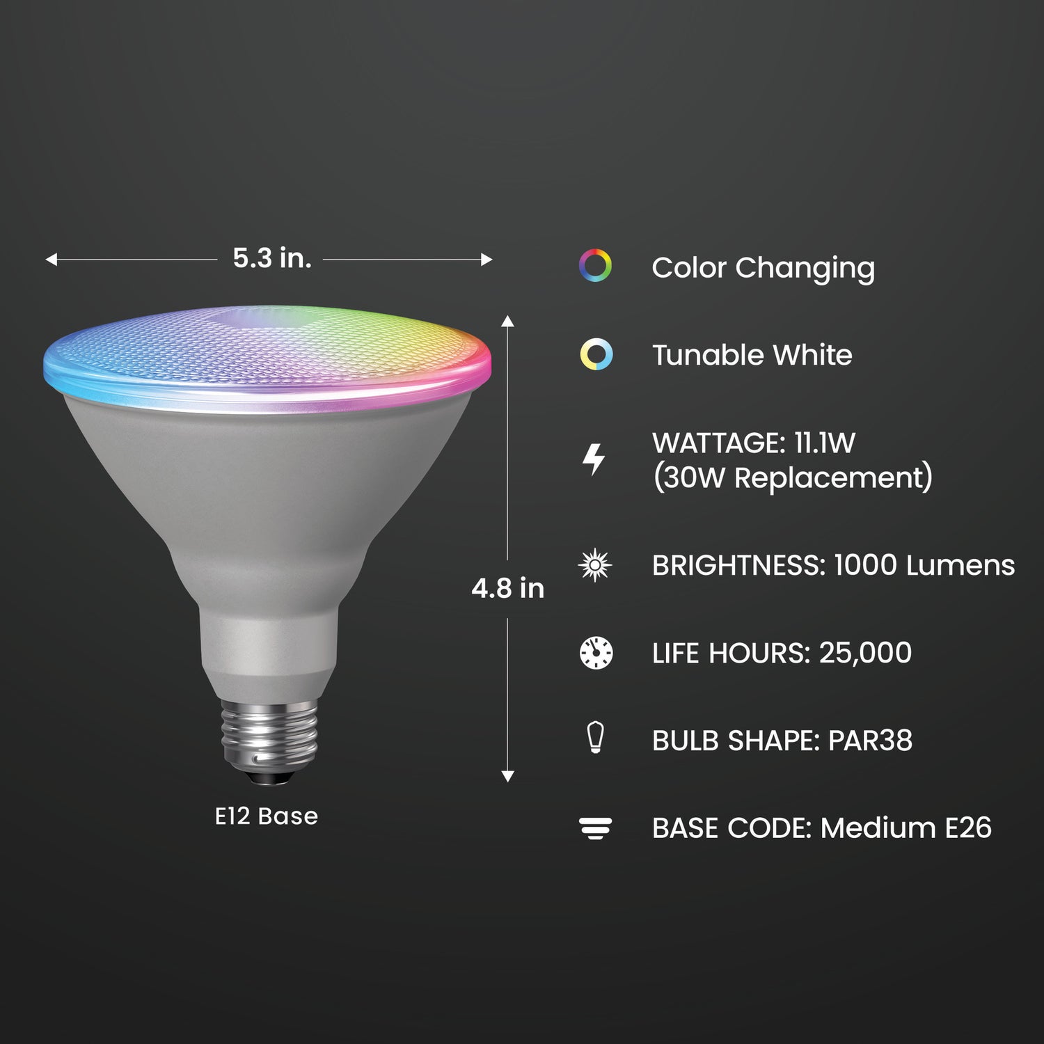 11.1W (90W Replacement) RGBW PAR38 E26 Base Dimmable Alexa Google Smart Light Bulb