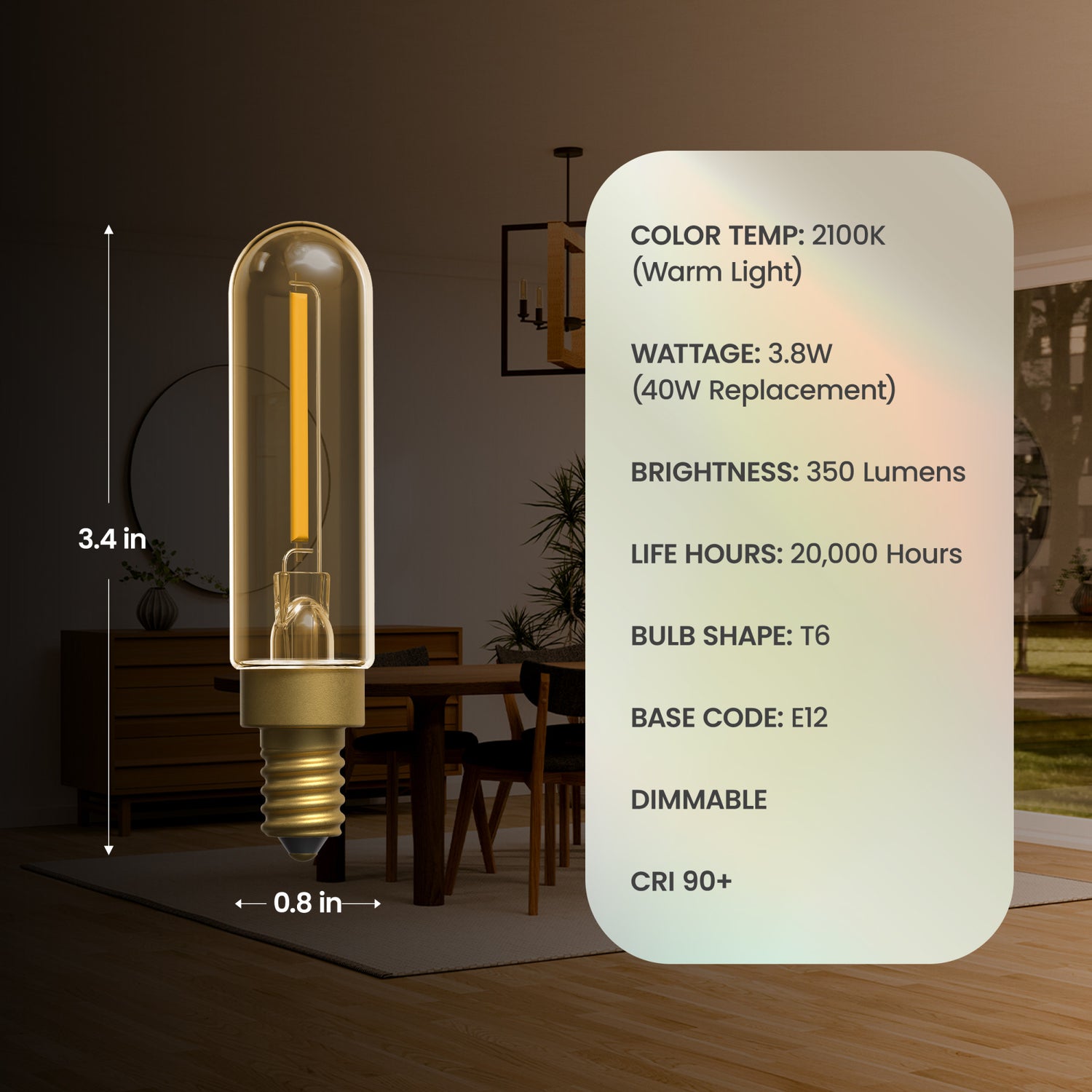 3.8W (40W Replacement) T6 E12 Dimmable Single Filament Vintage LED Bulb, Warm Light (4-Pack)