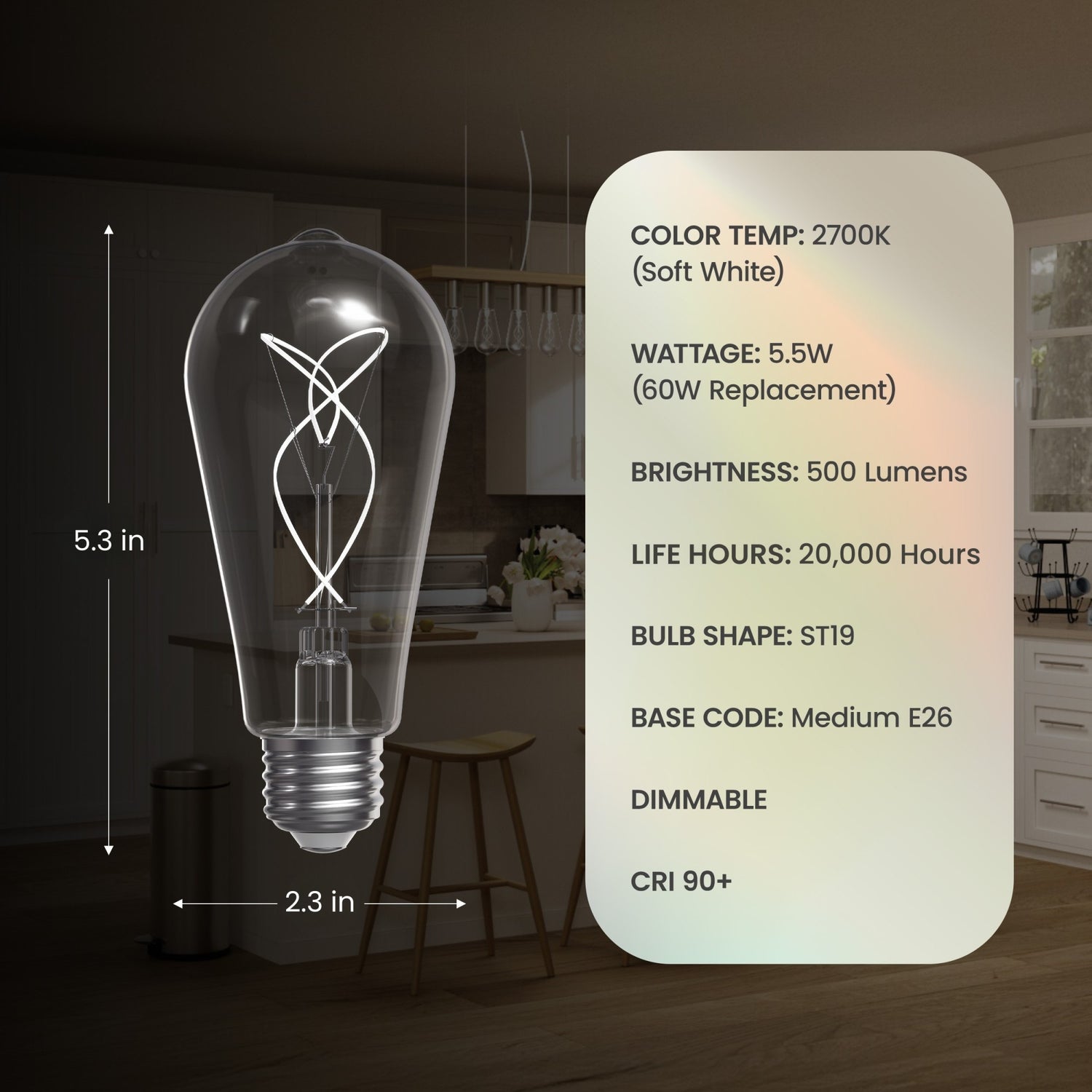 5.5W (60W Replacement) ST19 E26 Dimmable Designer Knot White Filament Edison LED Bulb, Soft White (2-Pack)
