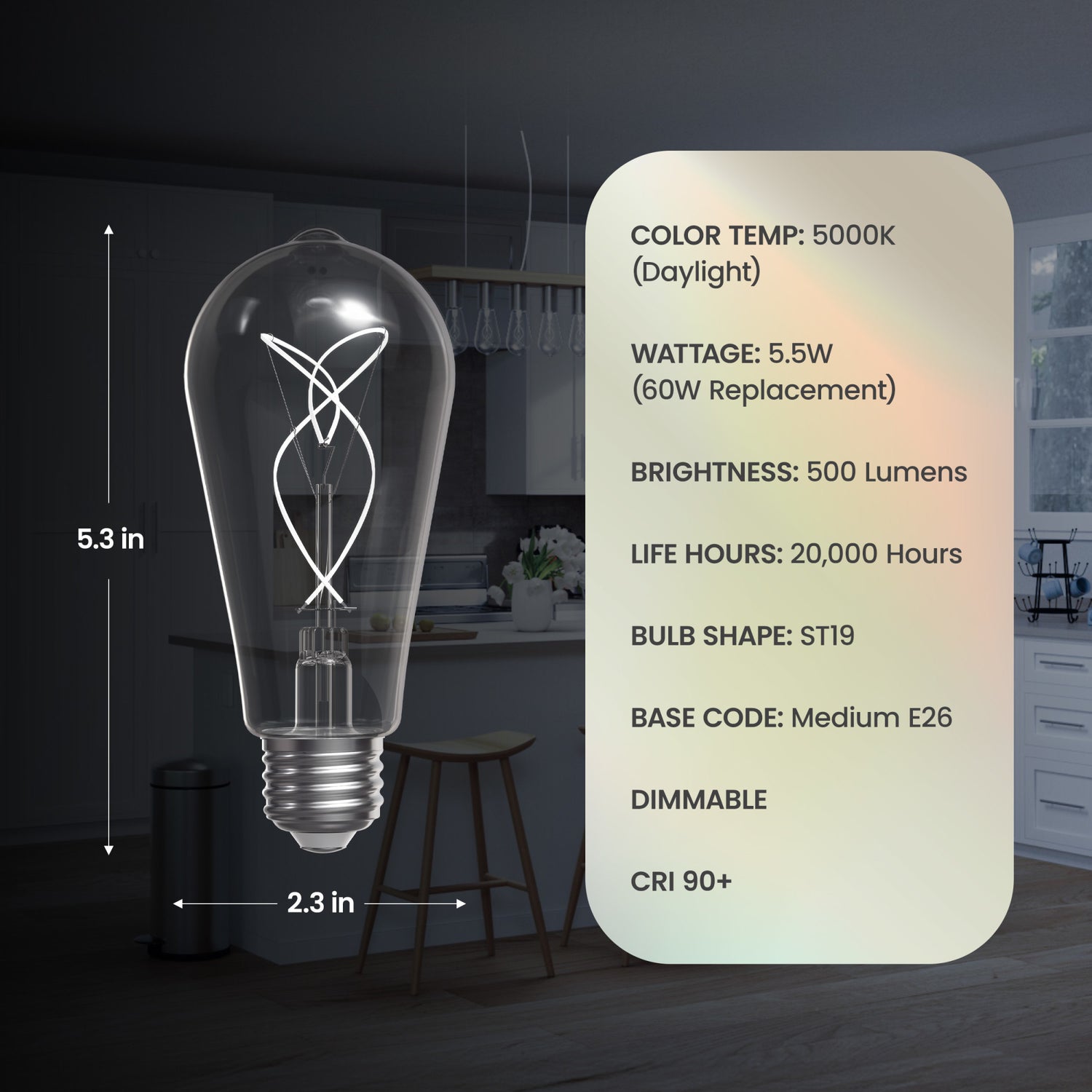 5.5W (60W Replacement) ST19 E26 Dimmable Designer Knot White Filament Edison LED Bulb, Daylight (2-Pack)