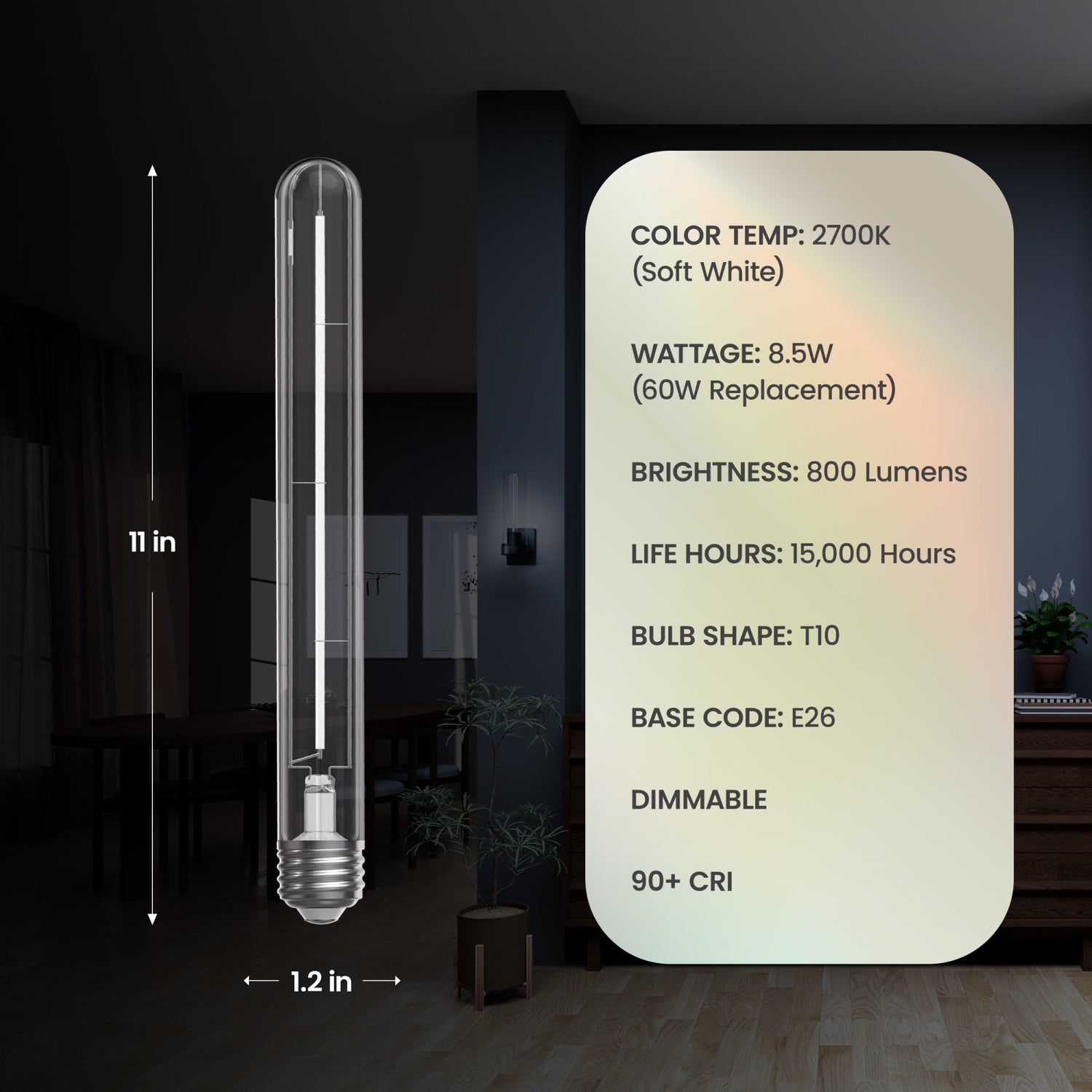 8.5W (60W Replacement) T10 E26 Dimmable Straight White Filament Clear Glass Vintage Edison LED Light Bulb, Daylight