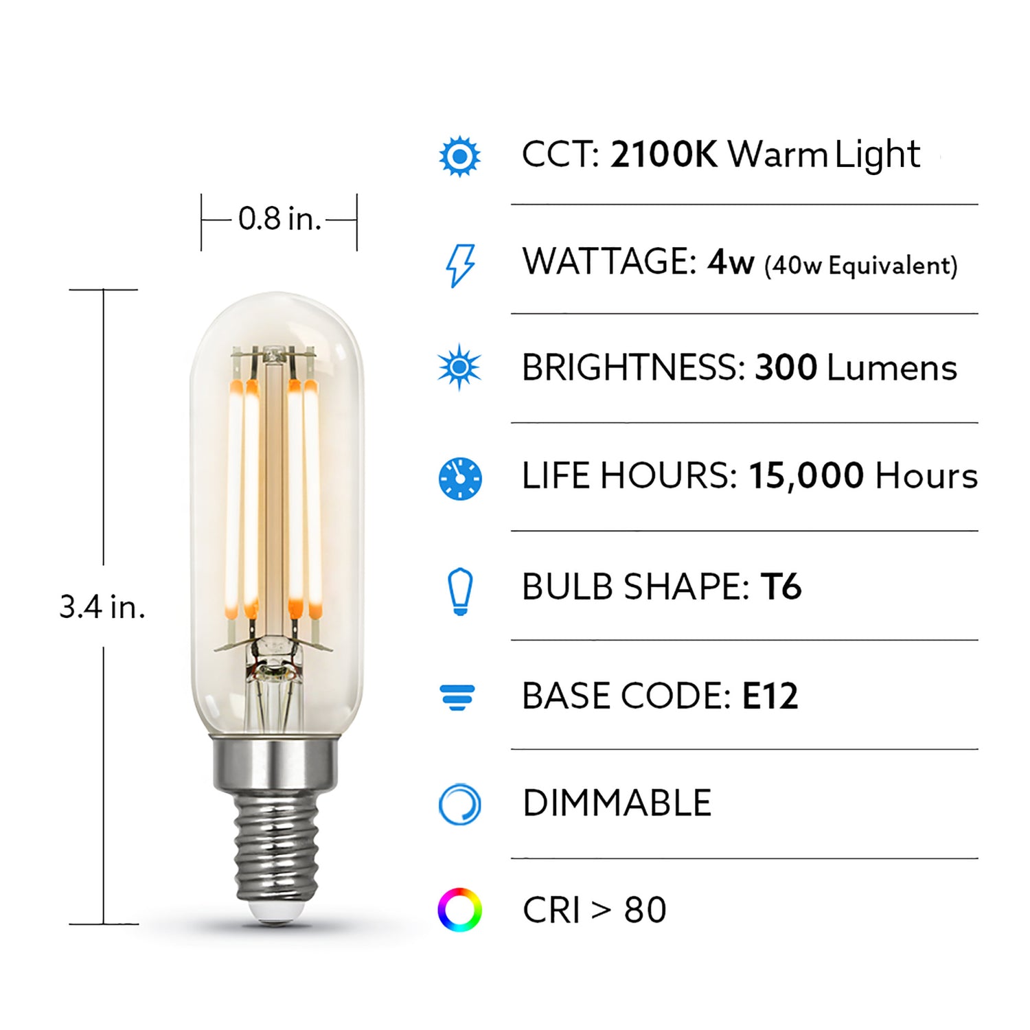 4W (40W Equivalent) Warm Light (2100K) T6 Shape (E12 Base) Clear Glass Filament LED (4-Pack)