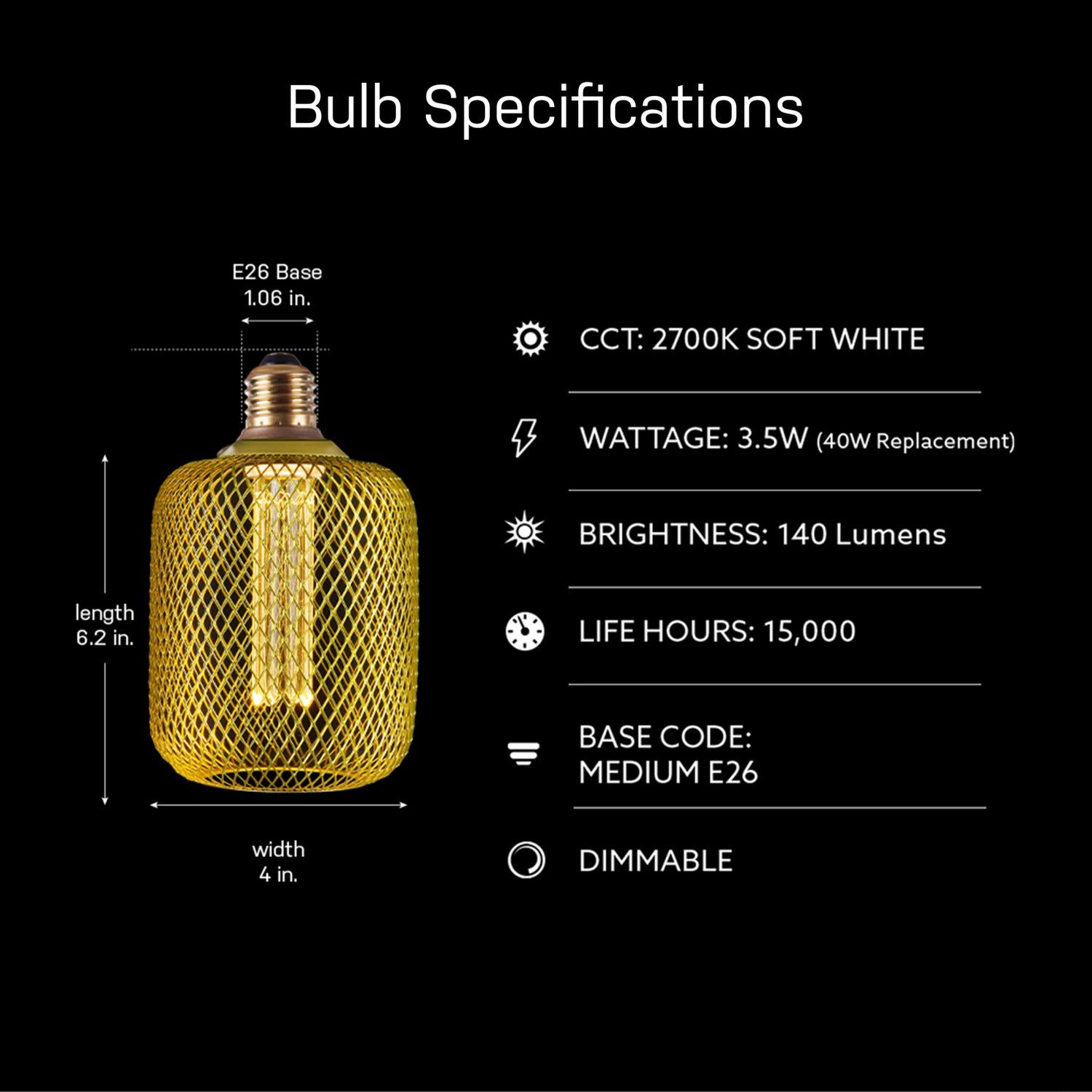 3.5W Soft White (2700K) Gold Mesh Cage Acrylic LED Bulb