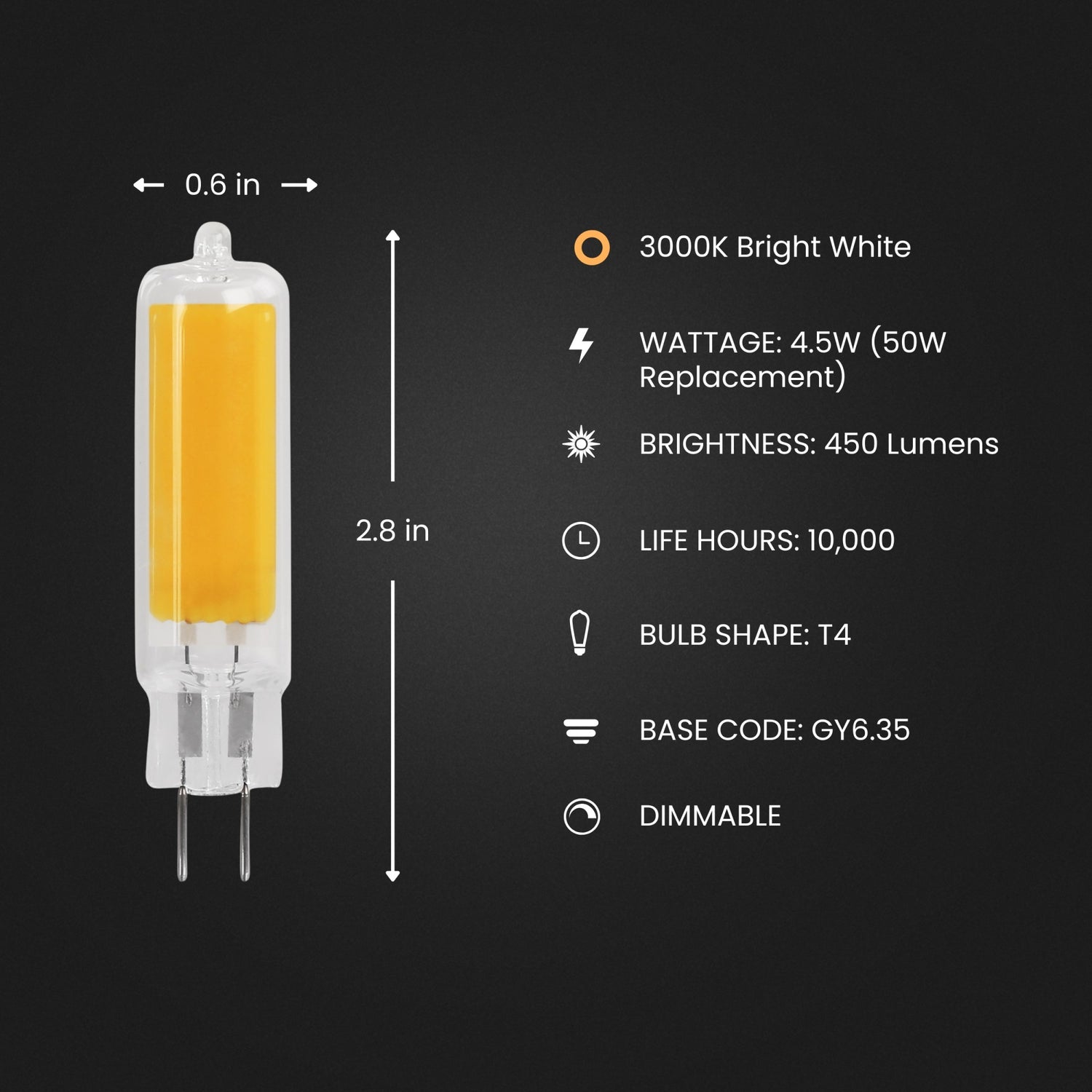 4.5W (50W Replacement) Bright White (3000K) GY6.35 Base T4 Dimmable Specialty LED Light Bulb