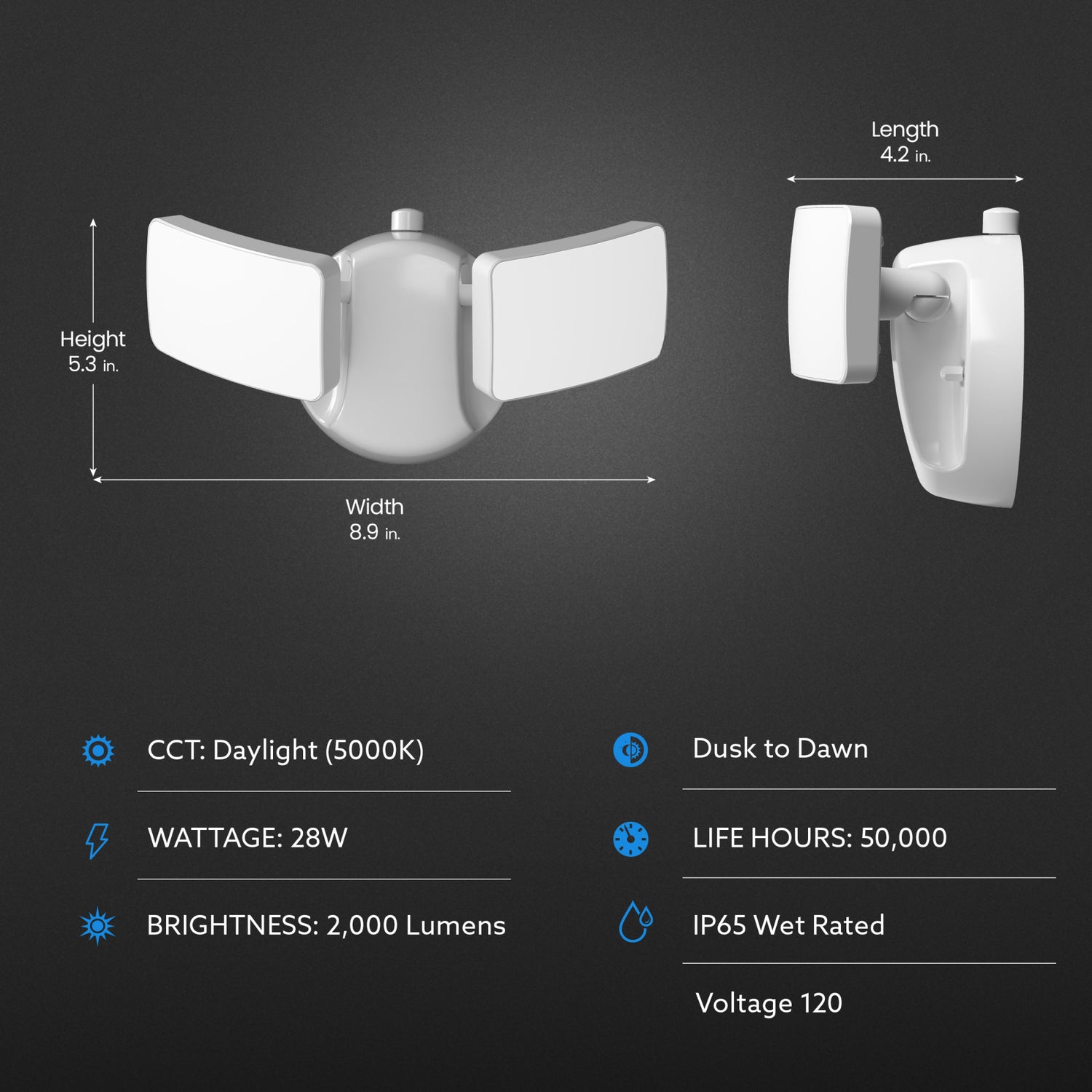 28W Daylight (5000K) Dusk to Dawn Photocell Sensor Outdoor Integrated LED Security Dual Head Flood Area Light